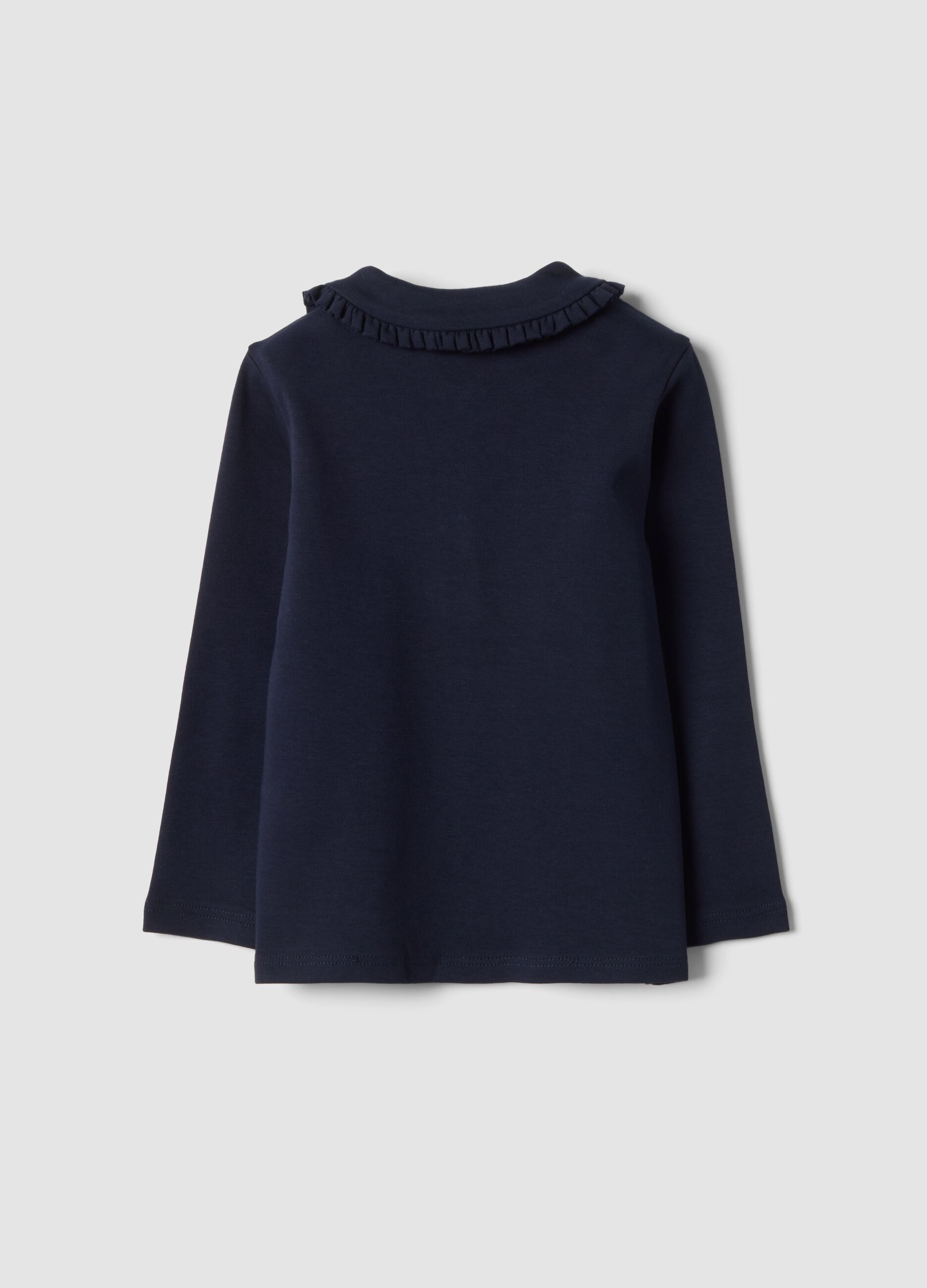 Blue organic cotton polo shirt with ruffled collar
