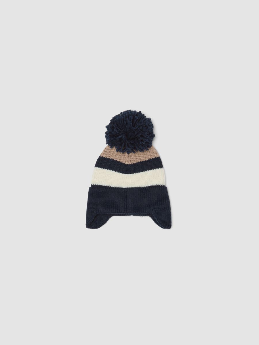 Navy, ivory and light beige hat with pom-pom_0