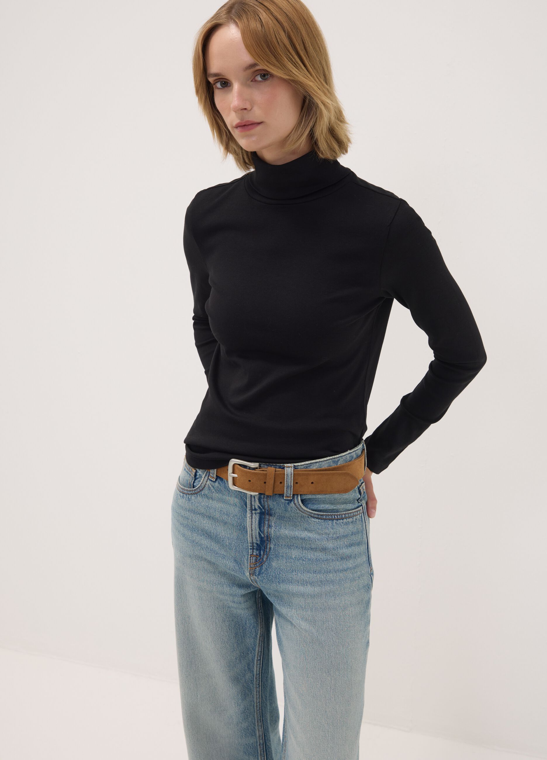 Black pure cotton long-sleeve crew-neck T-shirt