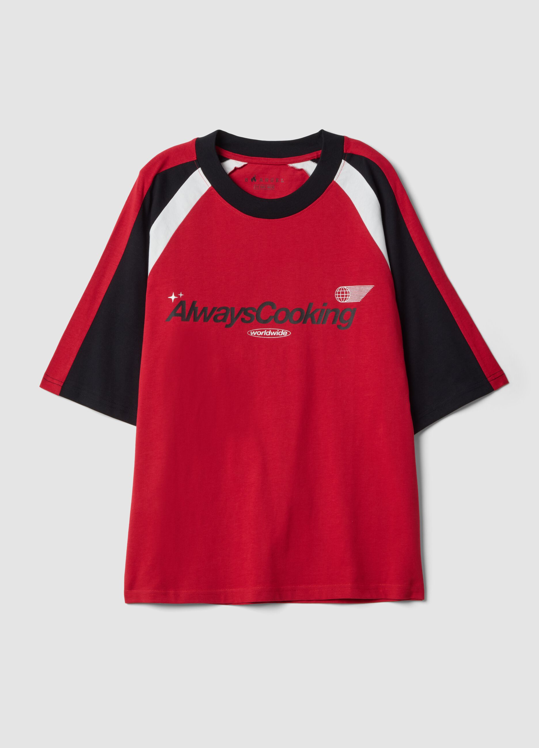 Red pure cotton T-shirt with front slogan relaxed fit