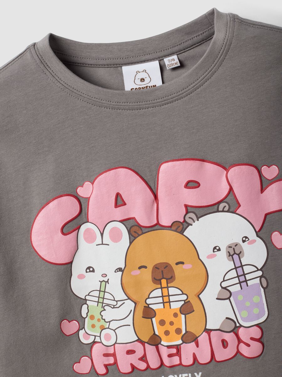 Girls&rsquo; grey stretch cotton T-shirt with capybara print_2