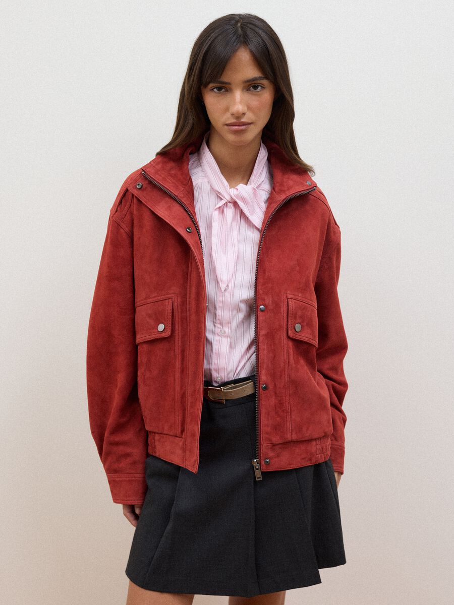 Red genuine leather bomber jacket with zip and press studs, regular fit_2