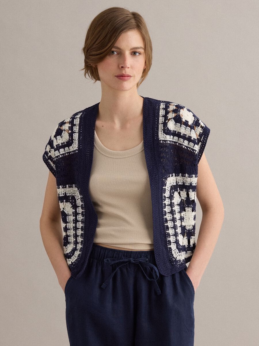 Blue and white regular-fit crochet cotton-blend gilet_1