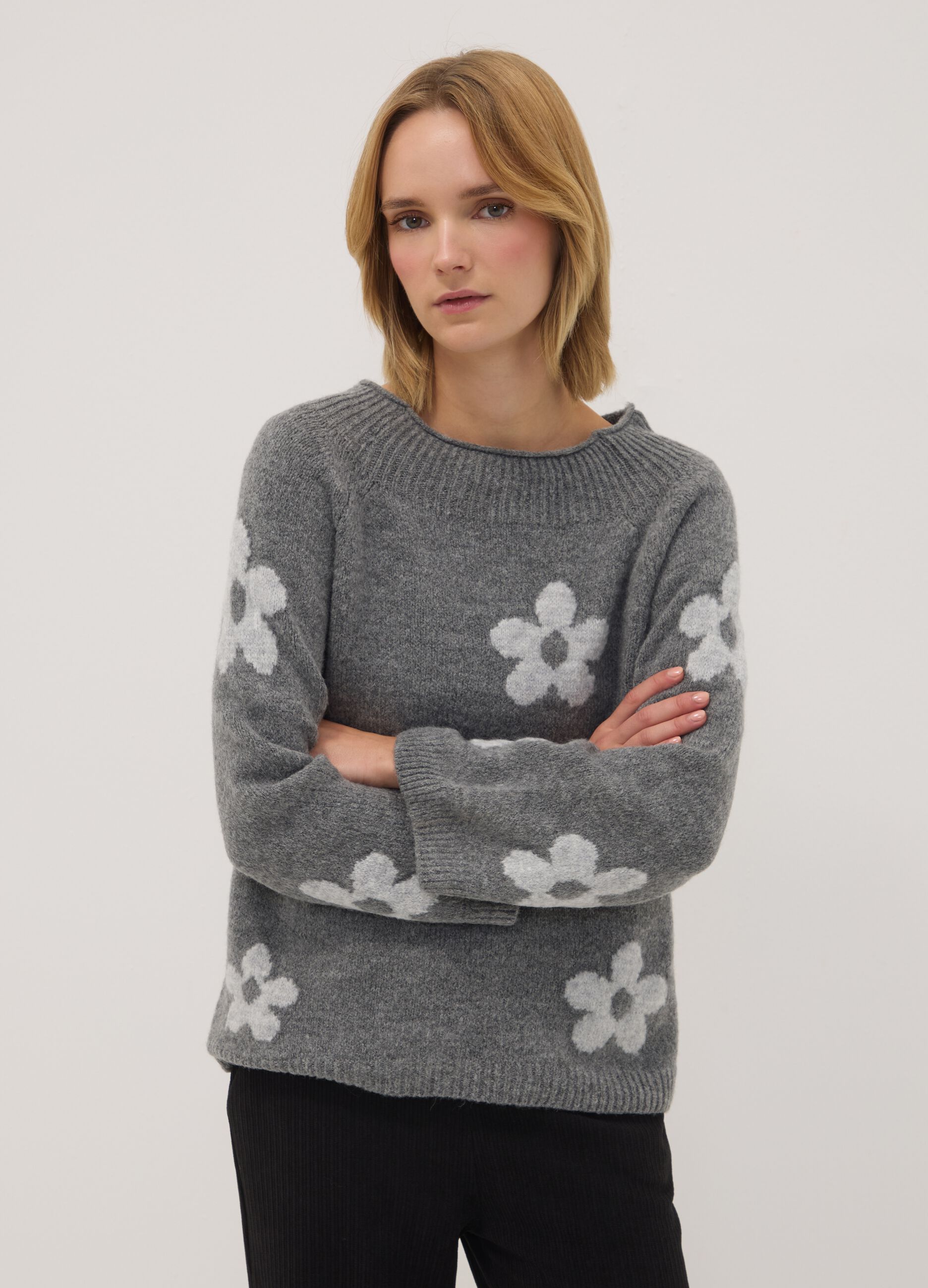 Grey wool-blend jumper with floral pattern, regular fit