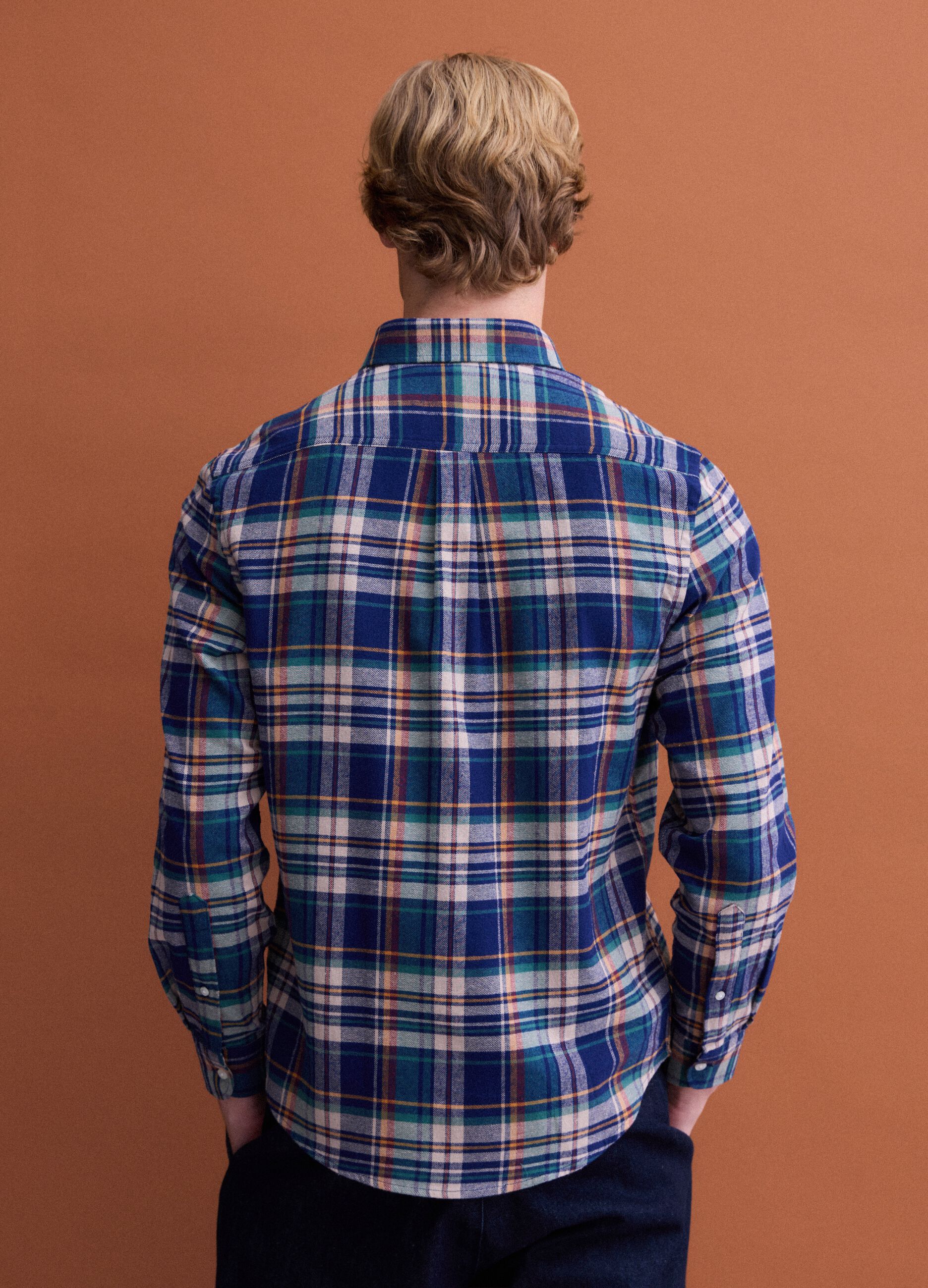 Blue and green checked pure cotton flannel shirt, regular fit