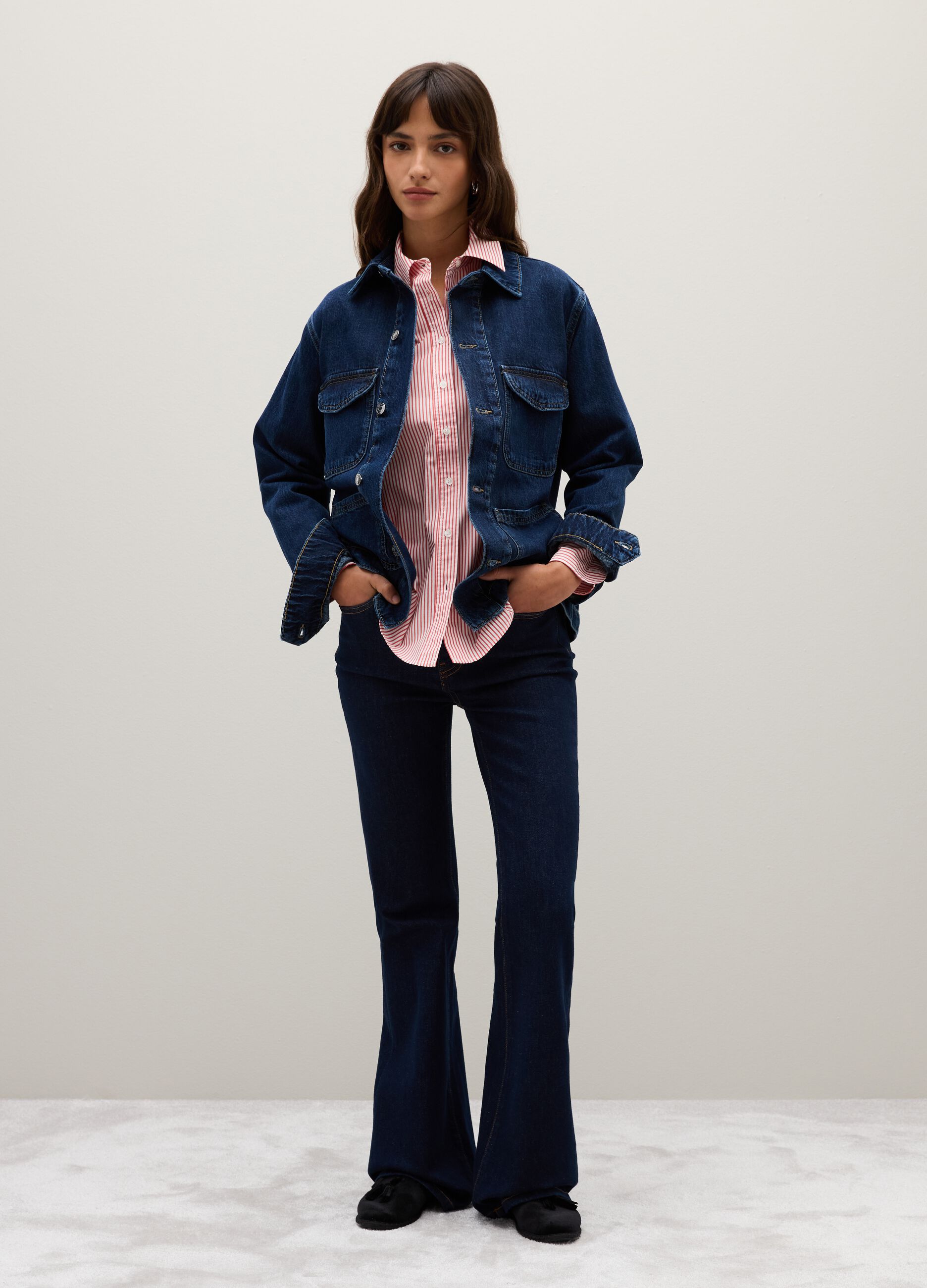 Blue Denim Flare Fit Stretch Cotton Trousers