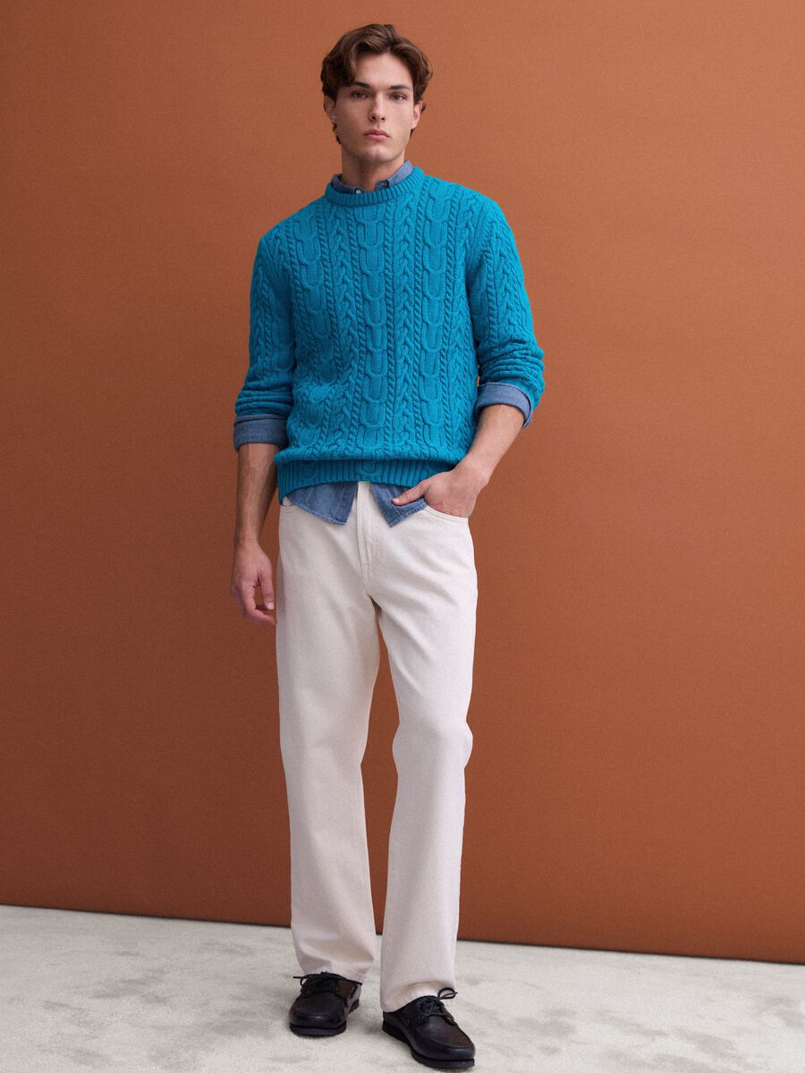 Blue crew-neck wool-blend jumper with jacquard knit_1