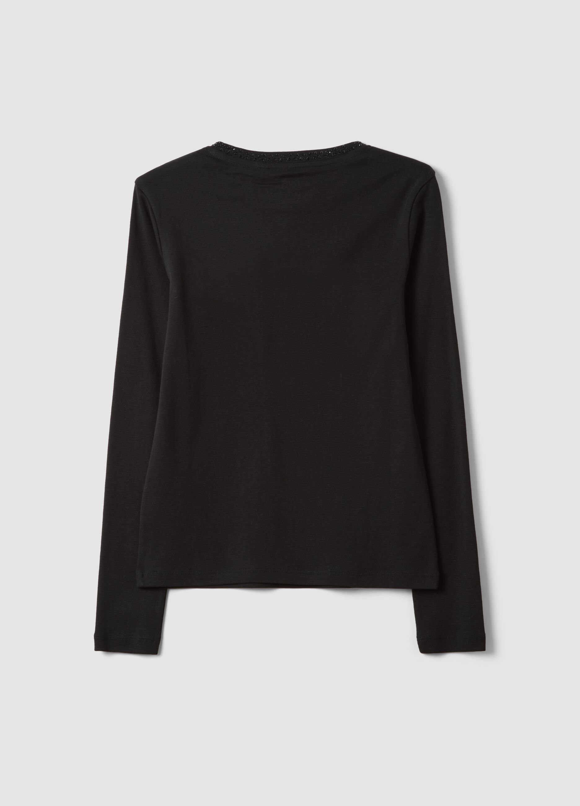 Black pure cotton T-shirt with rhinestone detail