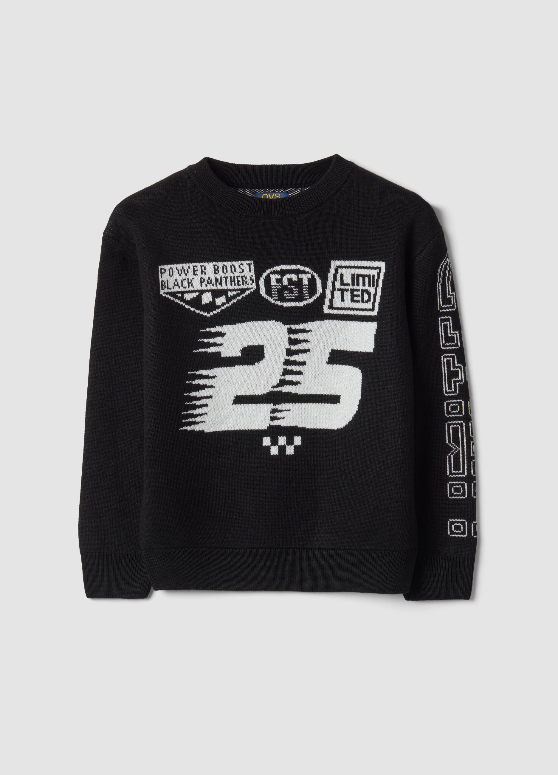 Black crew-neck jumper with jacquard print