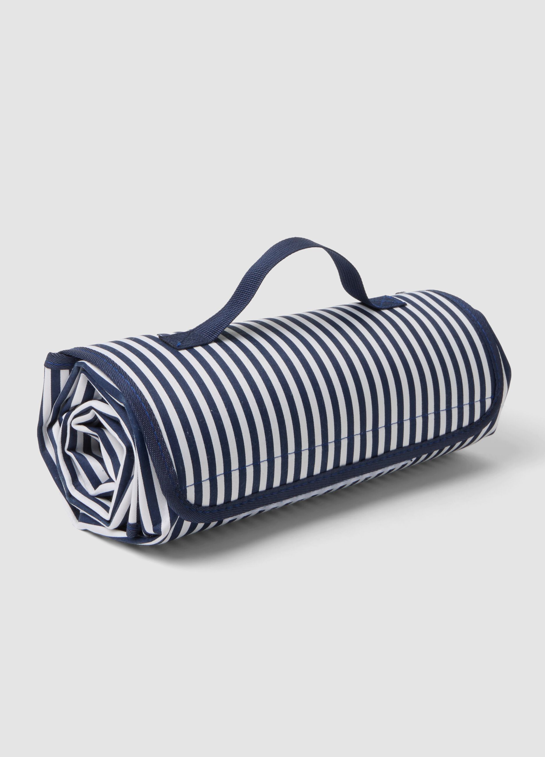 Blue striped throw with handle