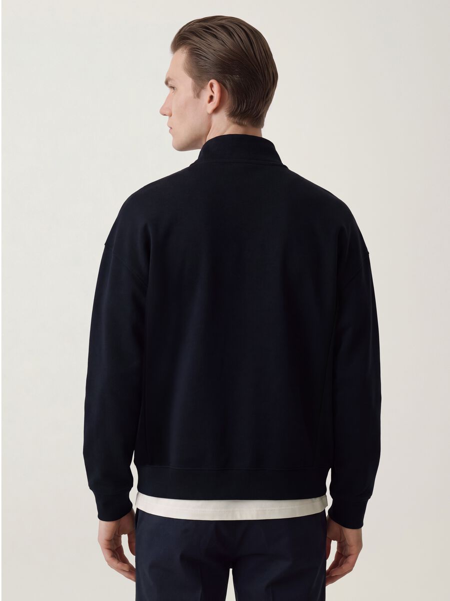 Navy full-zip sweatshirt in stretch piqu&eacute; with ribbed collar_3