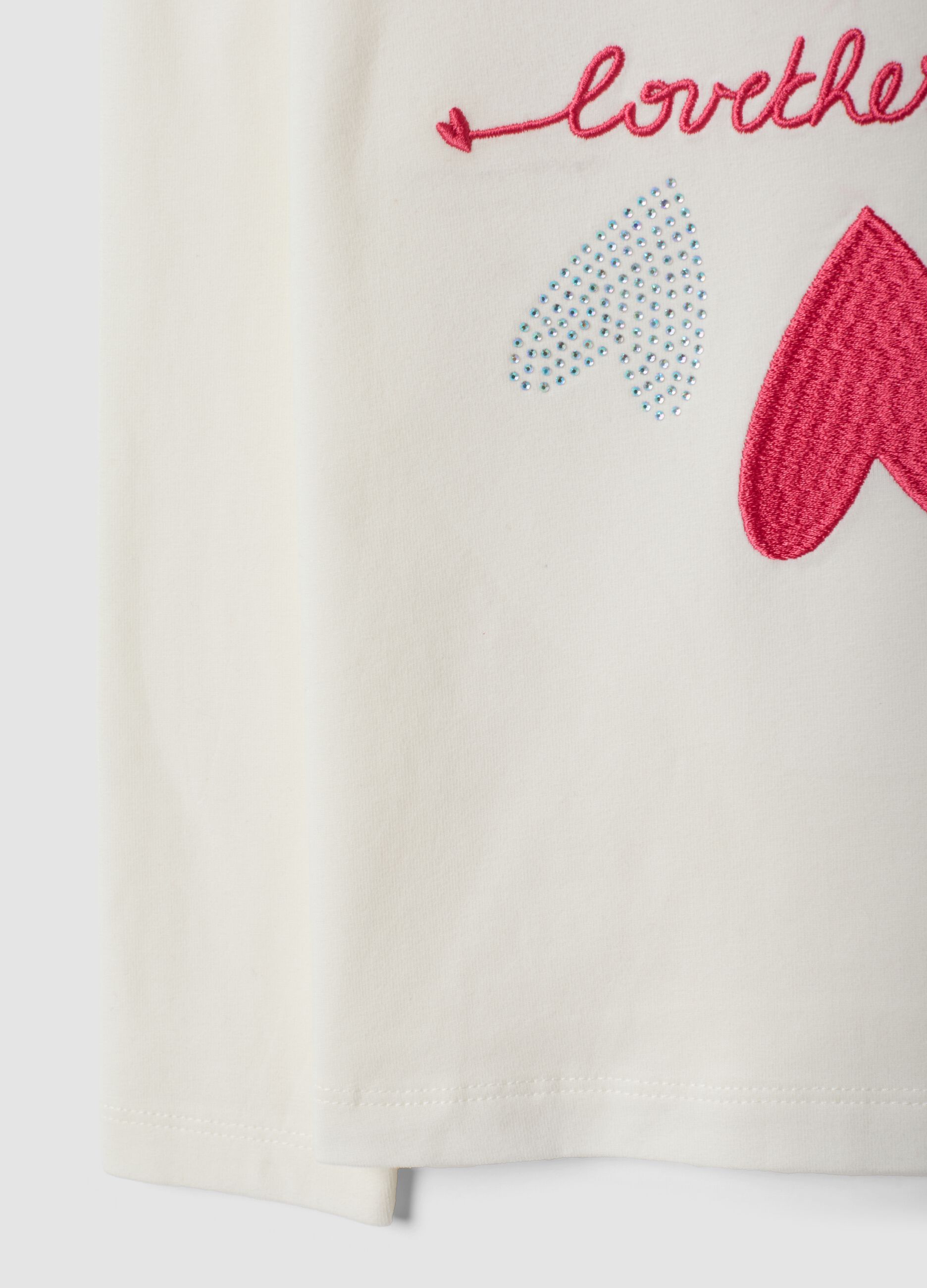 White stretch-cotton regular-fit T-shirt with embroidered hearts