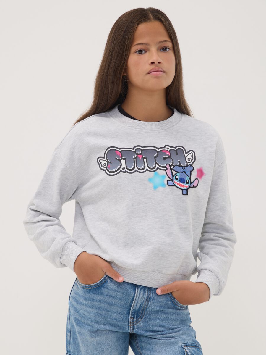 Grey cotton-blend sweatshirt with ribbed neckline and Lilo & Stitch print_0