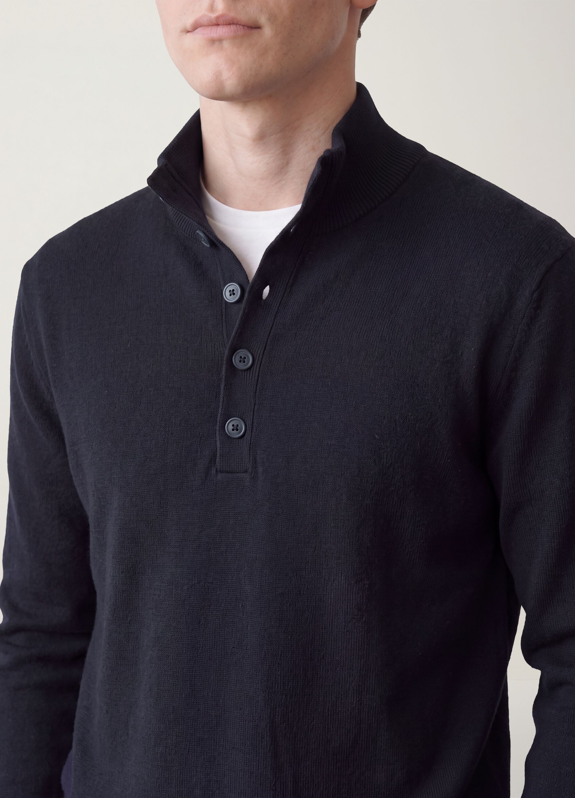 Blue cotton and cashmere blend polo jumper