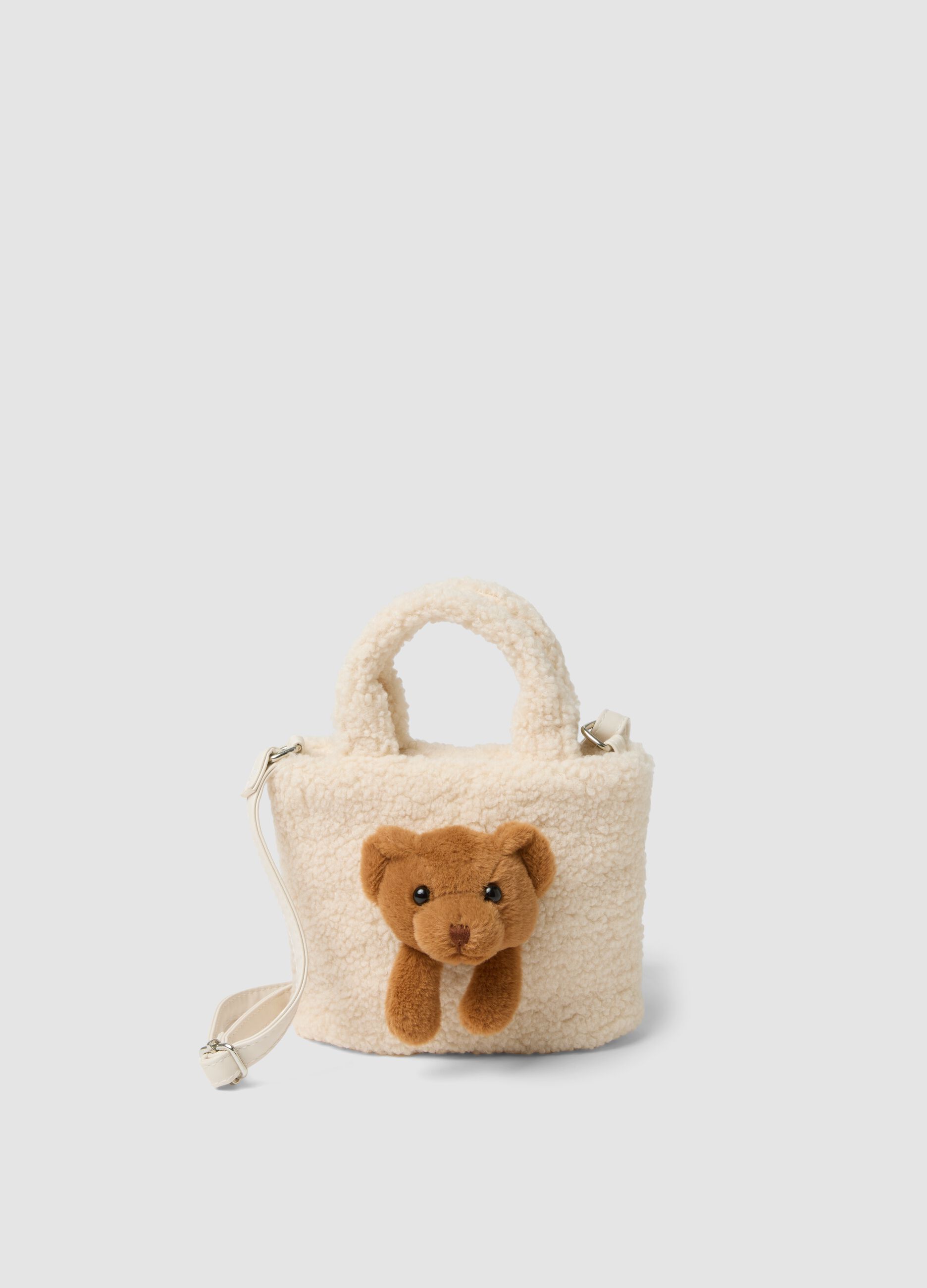 Beige teddy-effect bag with teddy bear applique