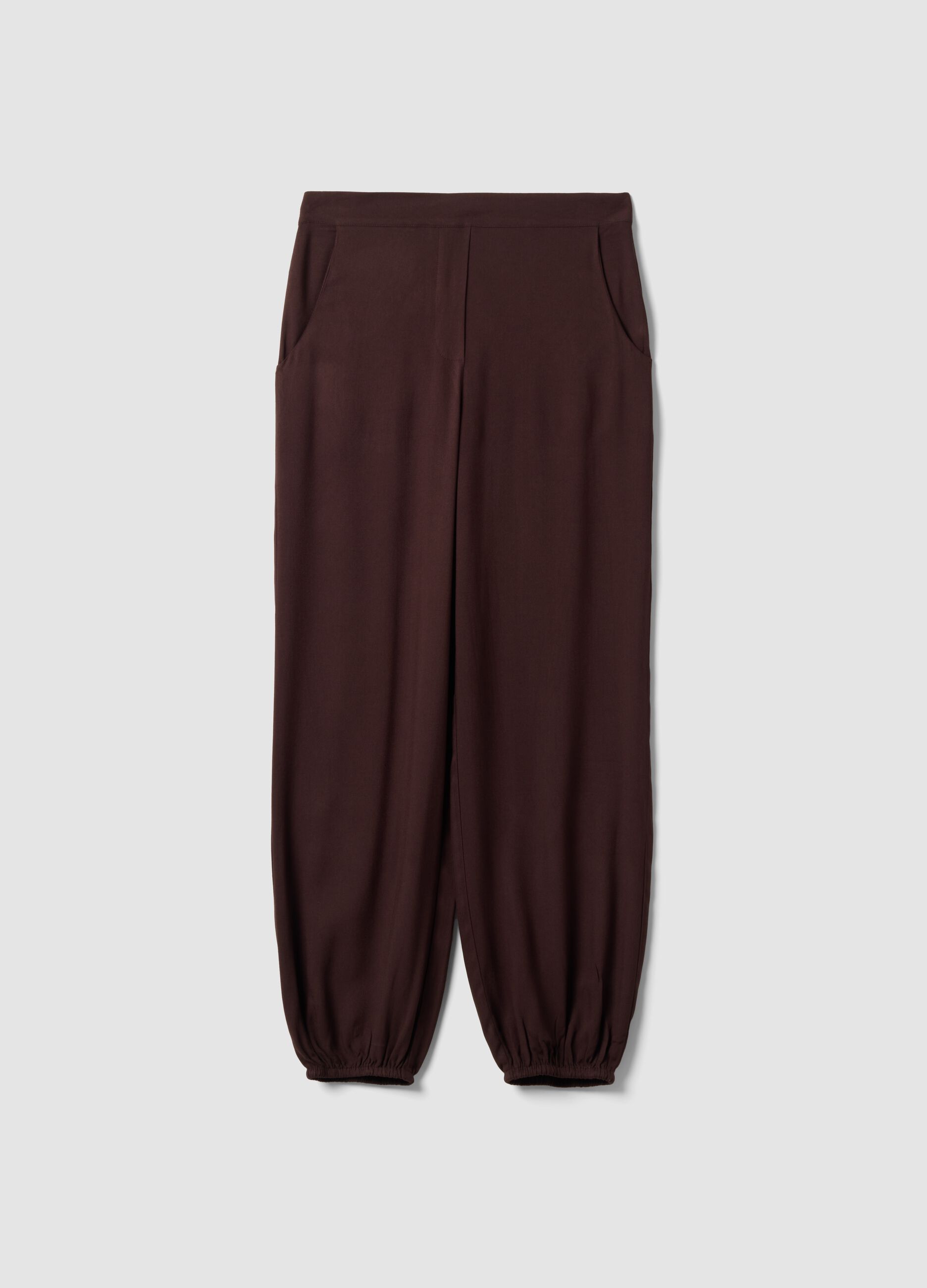 Brown pure viscose trousers with elasticated cuffs, regular fit