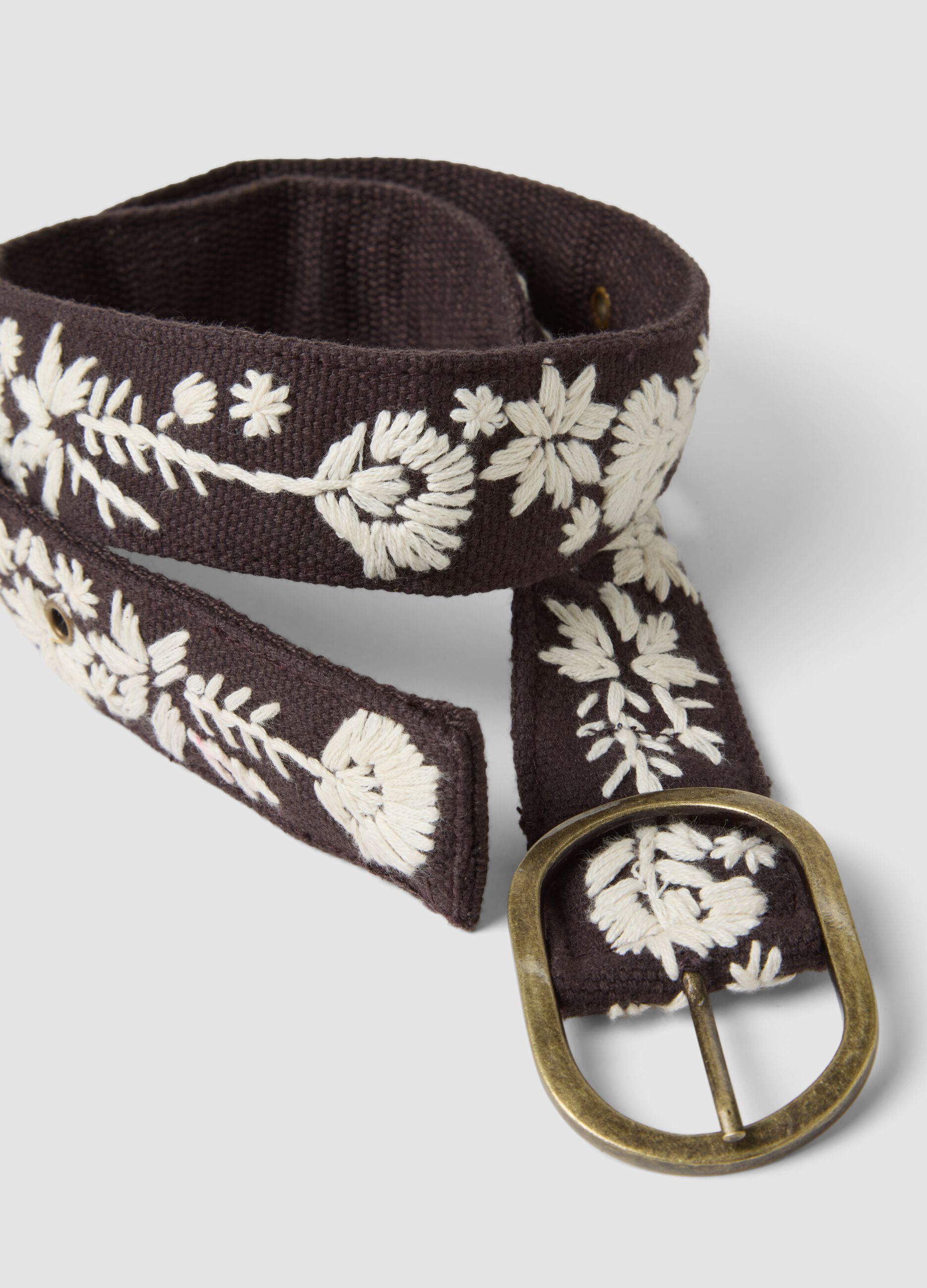 Brown pure cotton belt with floral embroidery