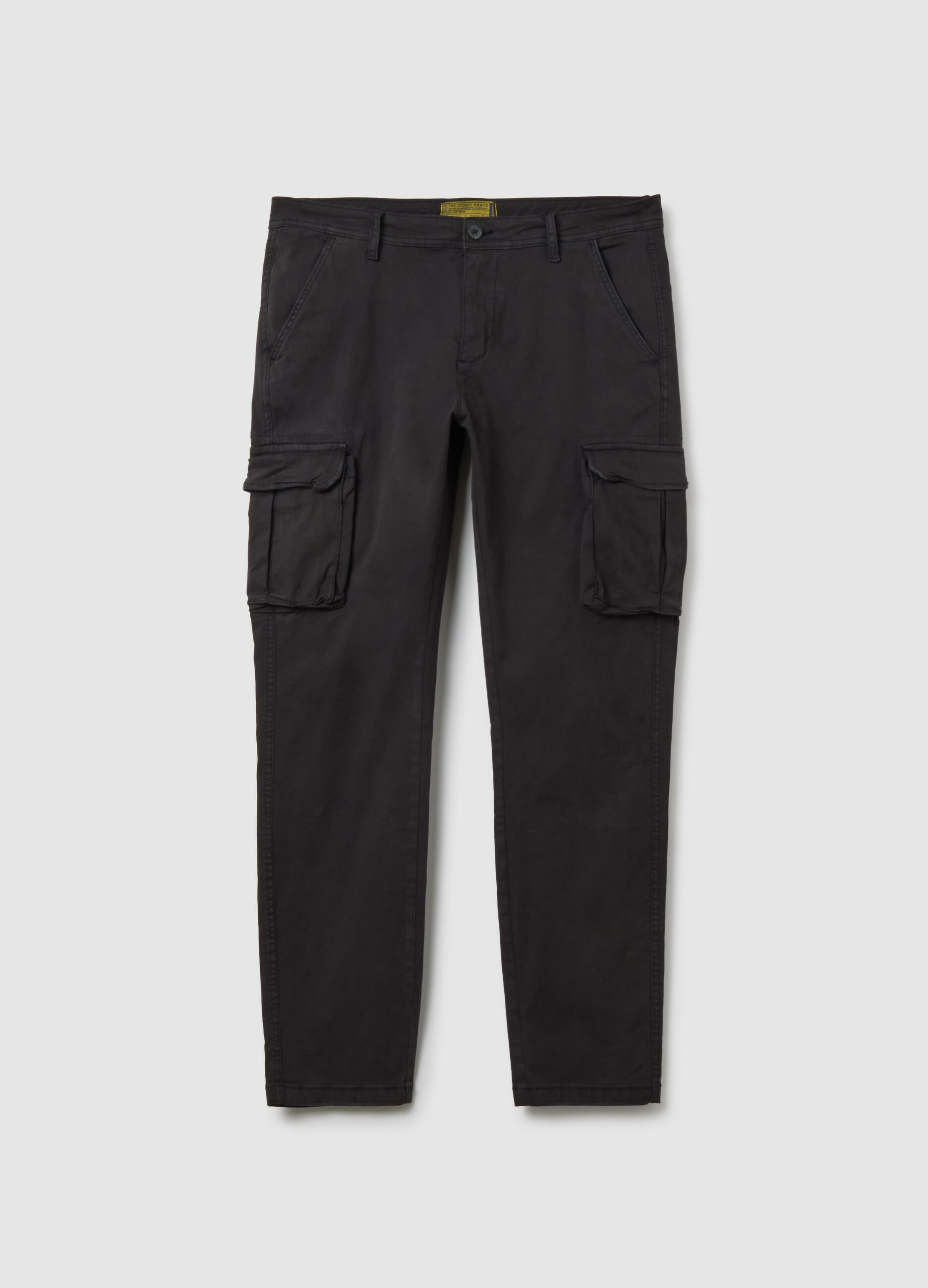 Black Stretch Cotton Slim Fit Cargo Trousers