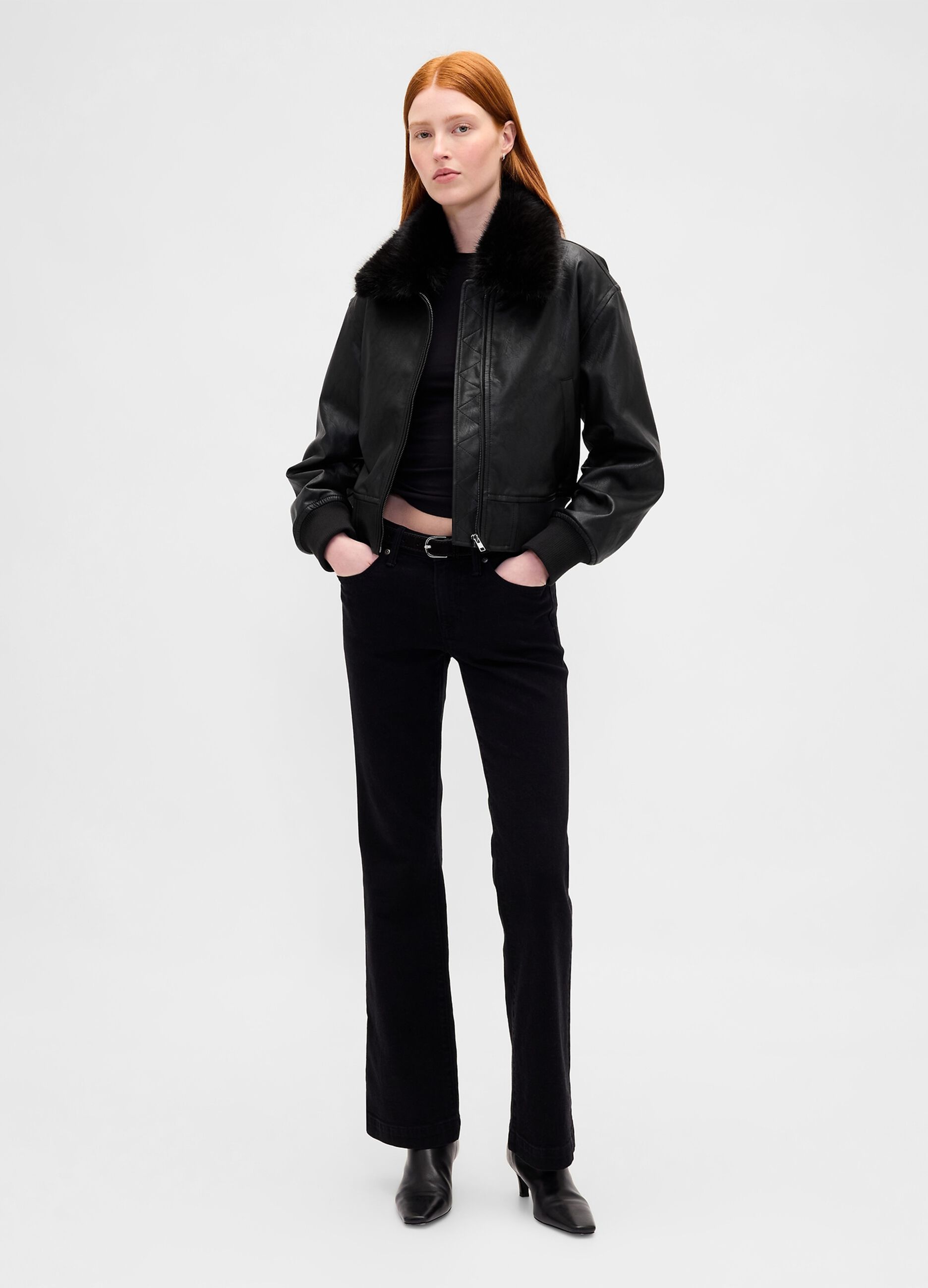 Black bomber jacket with faux fur collar