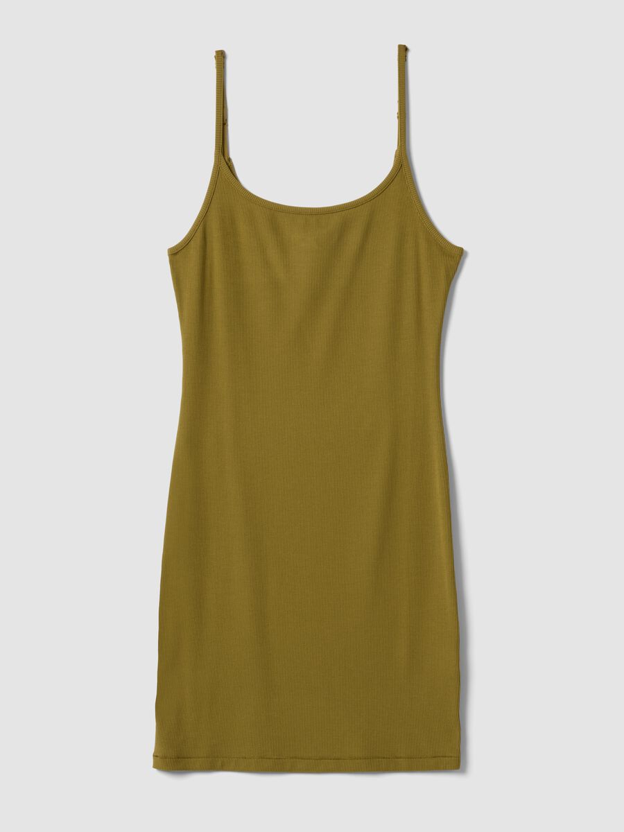 Green fitted ribbed stretch modal dress with straps_4
