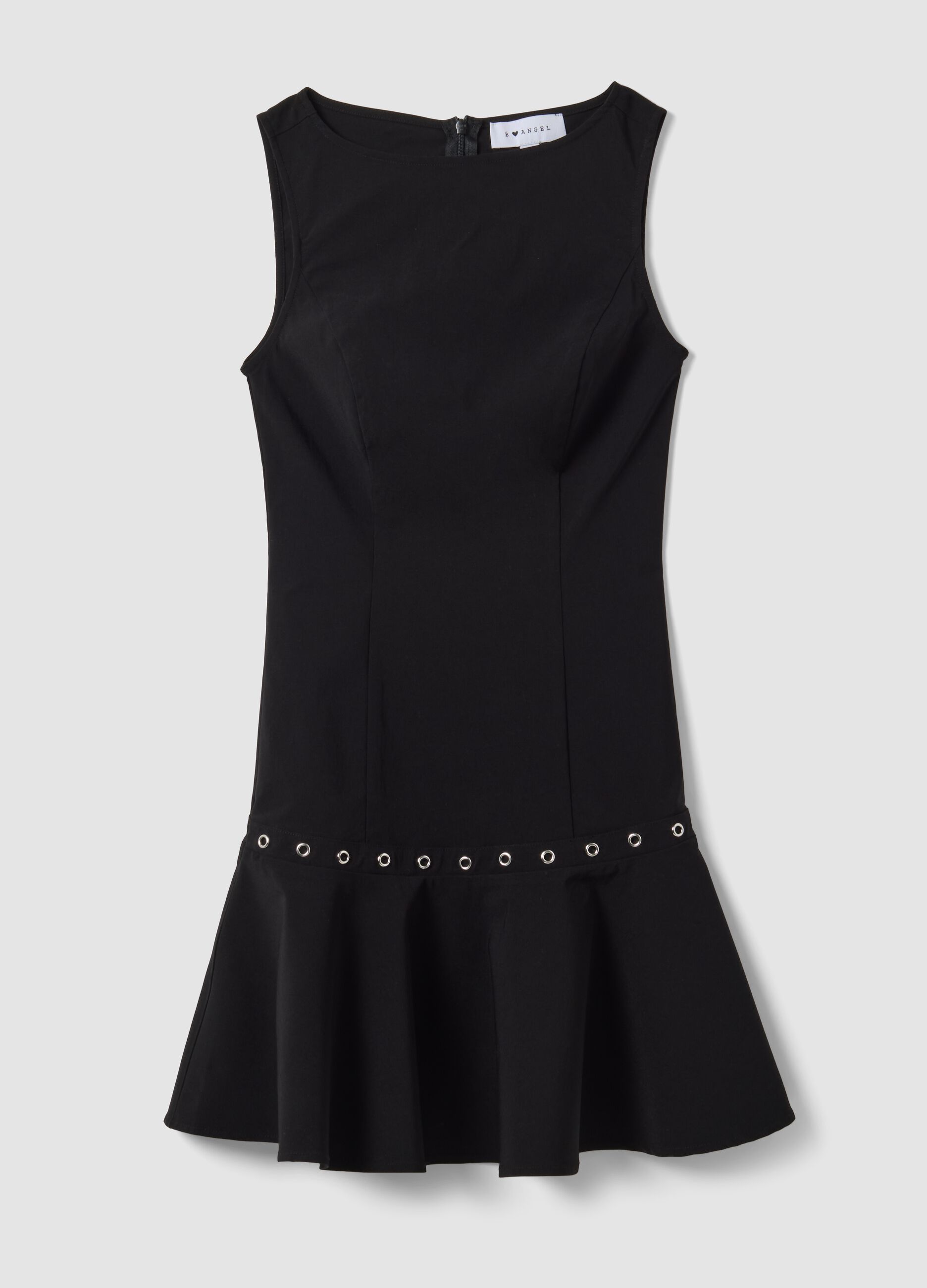 Black sleeveless stretch viscose dress with eyelet detail
