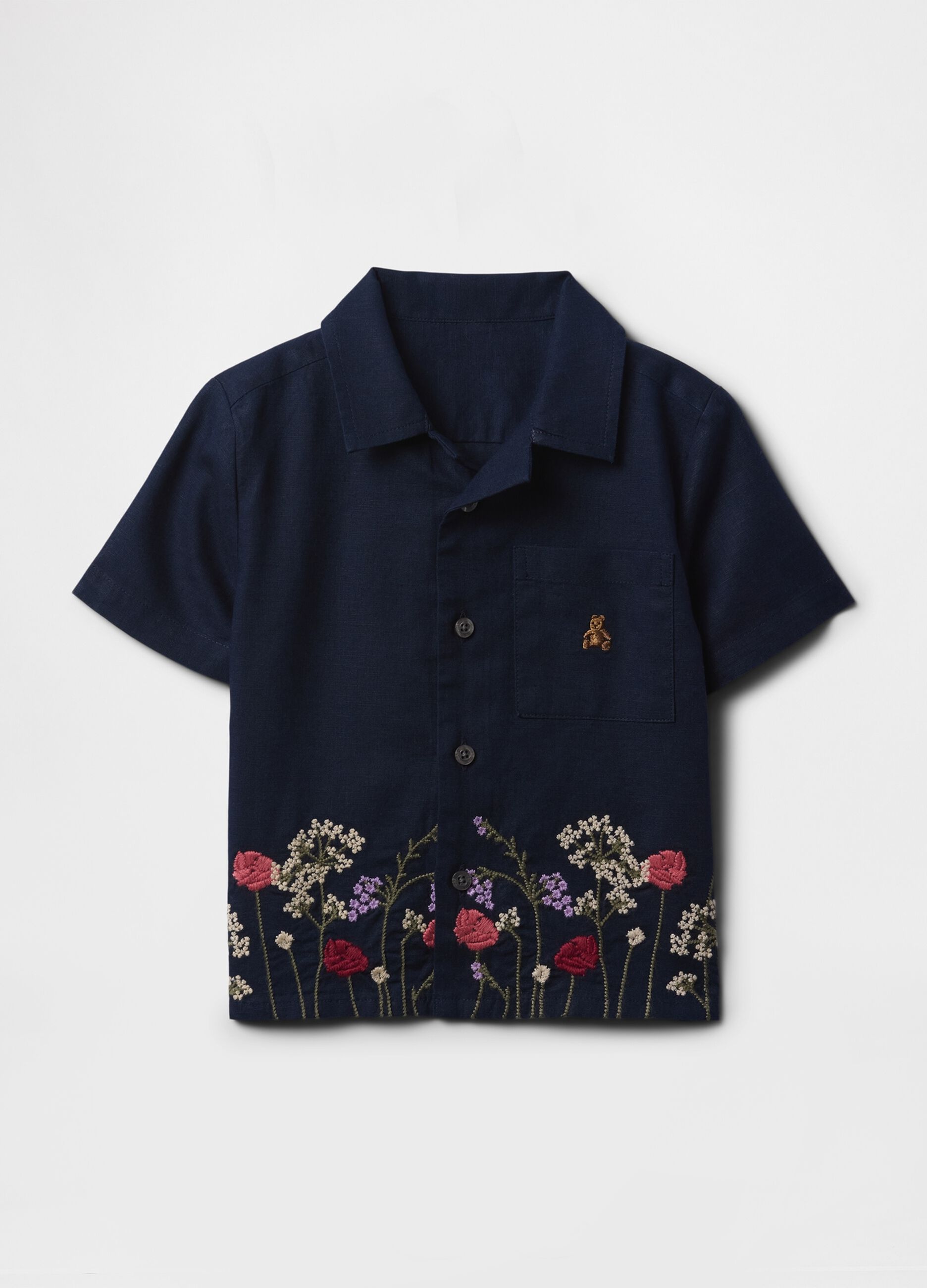 Navy blue short sleeve shirt with floral embroidery