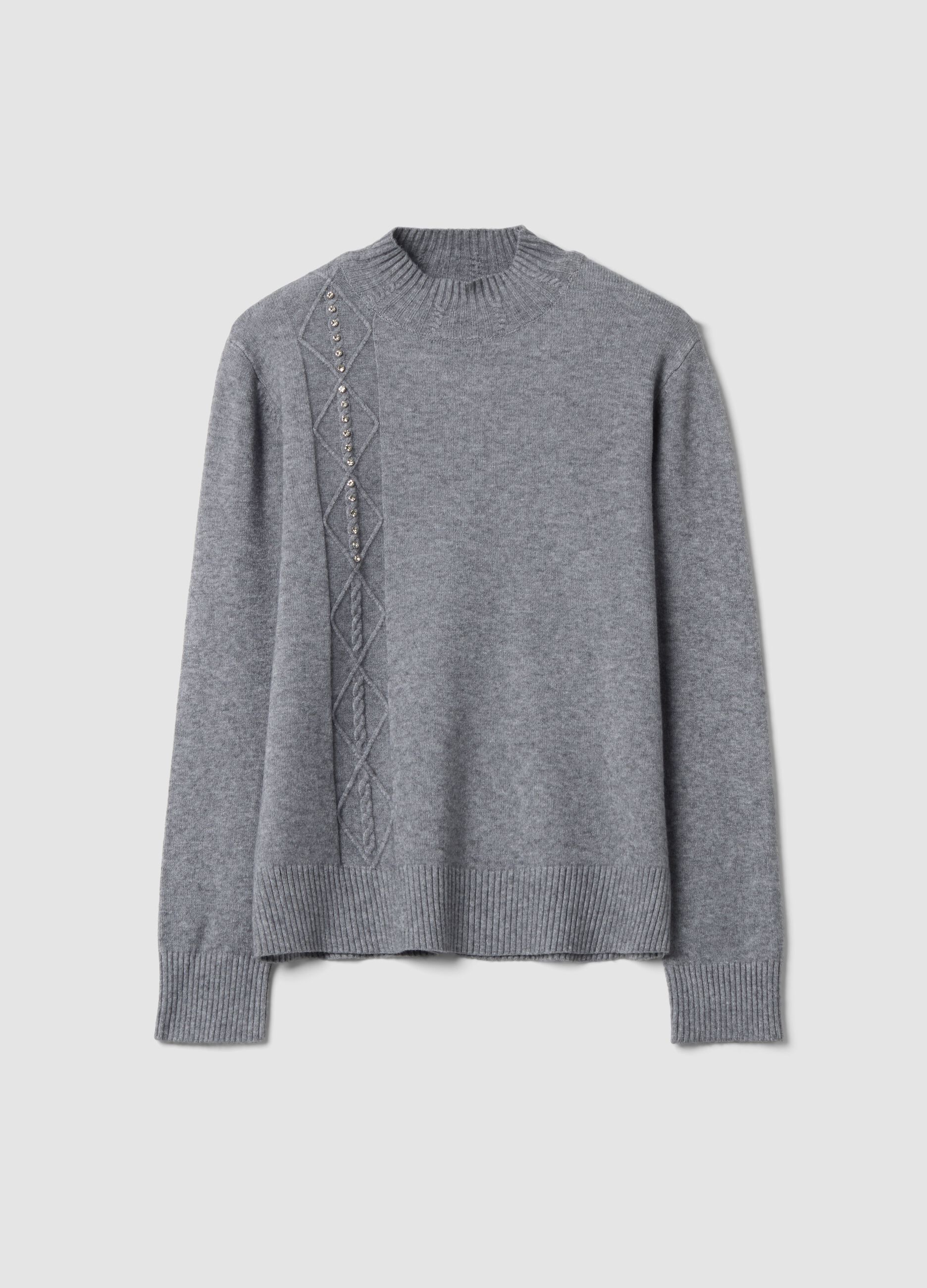 Grey viscose-blend jumper with ribbed high neck, regular fit