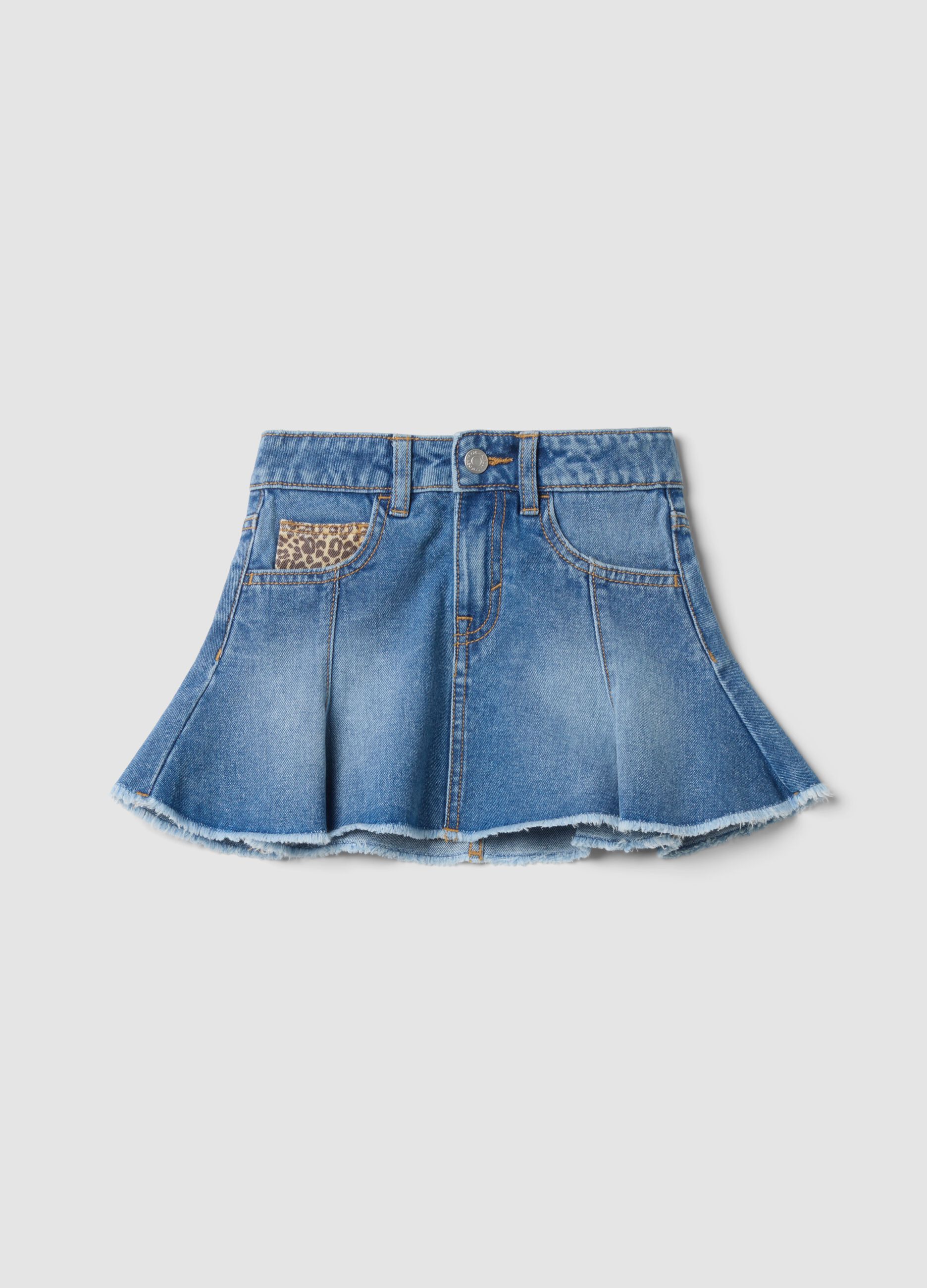 Gonna denim blu in puro cotone con orlo sfrangiato