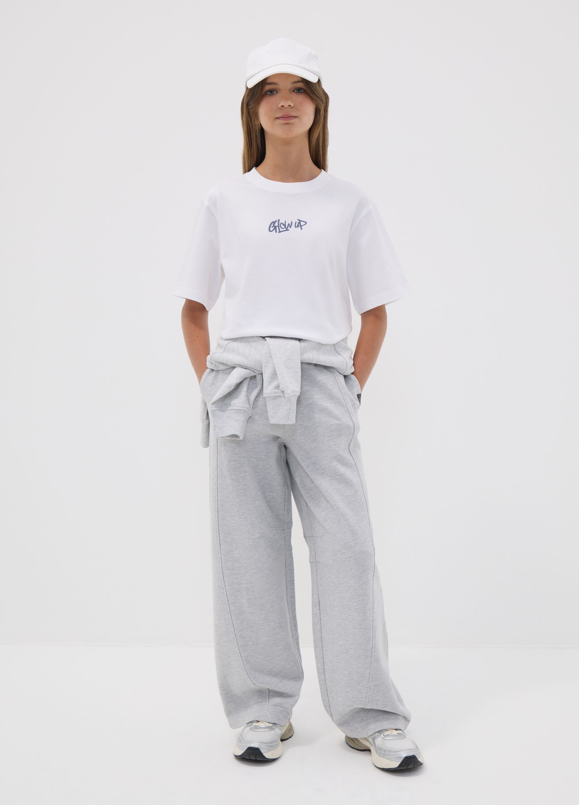 Grey wide-leg trousers in a cotton-viscose blend for girls