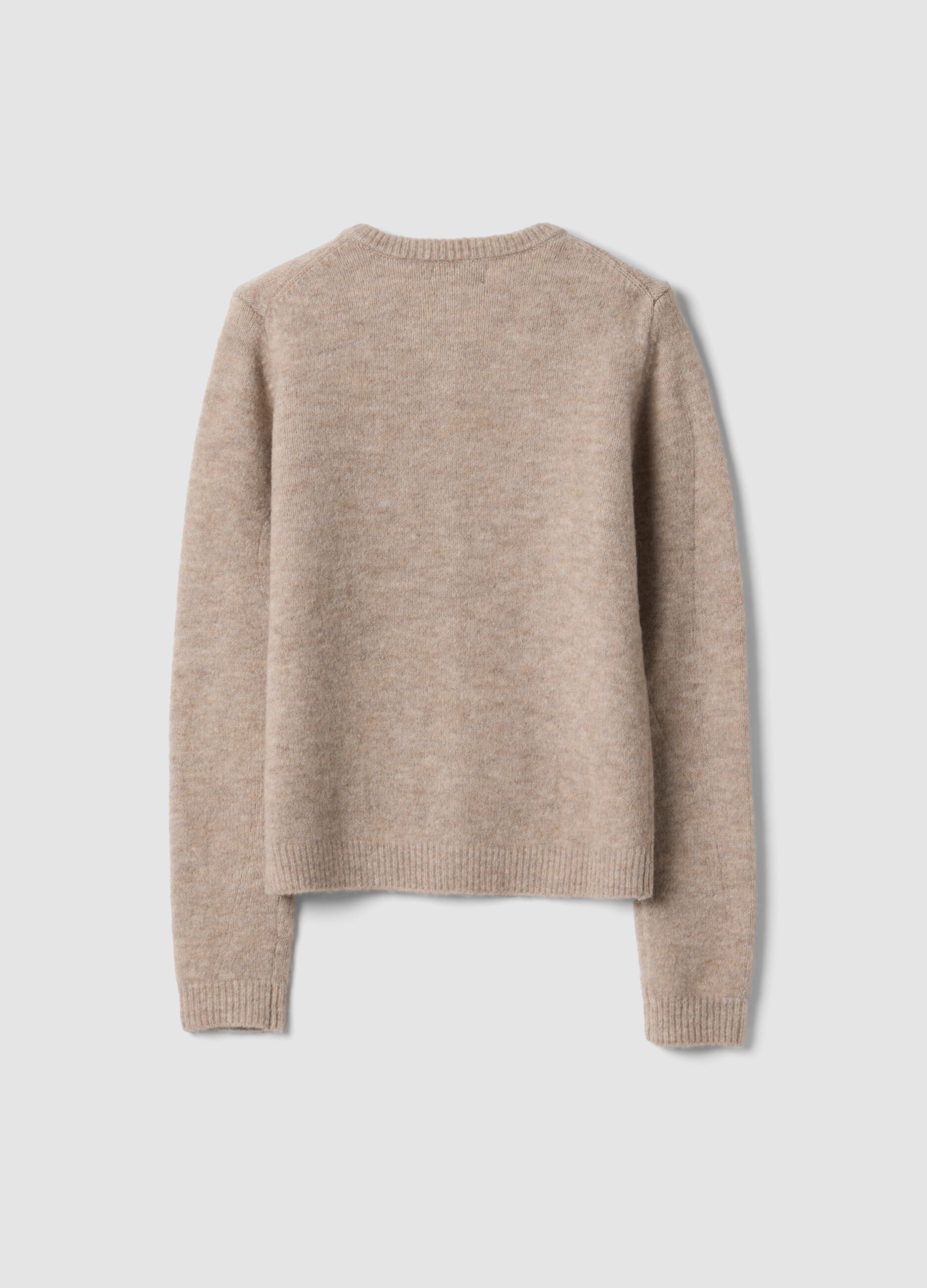 Beige stretch wool crew-neck cardigan, regular fit