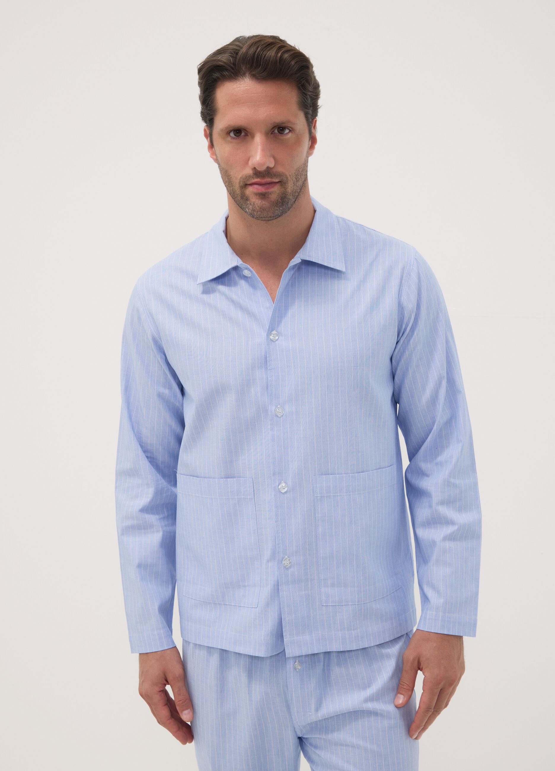 Blue striped pyjamas in pure organic cotton with collar