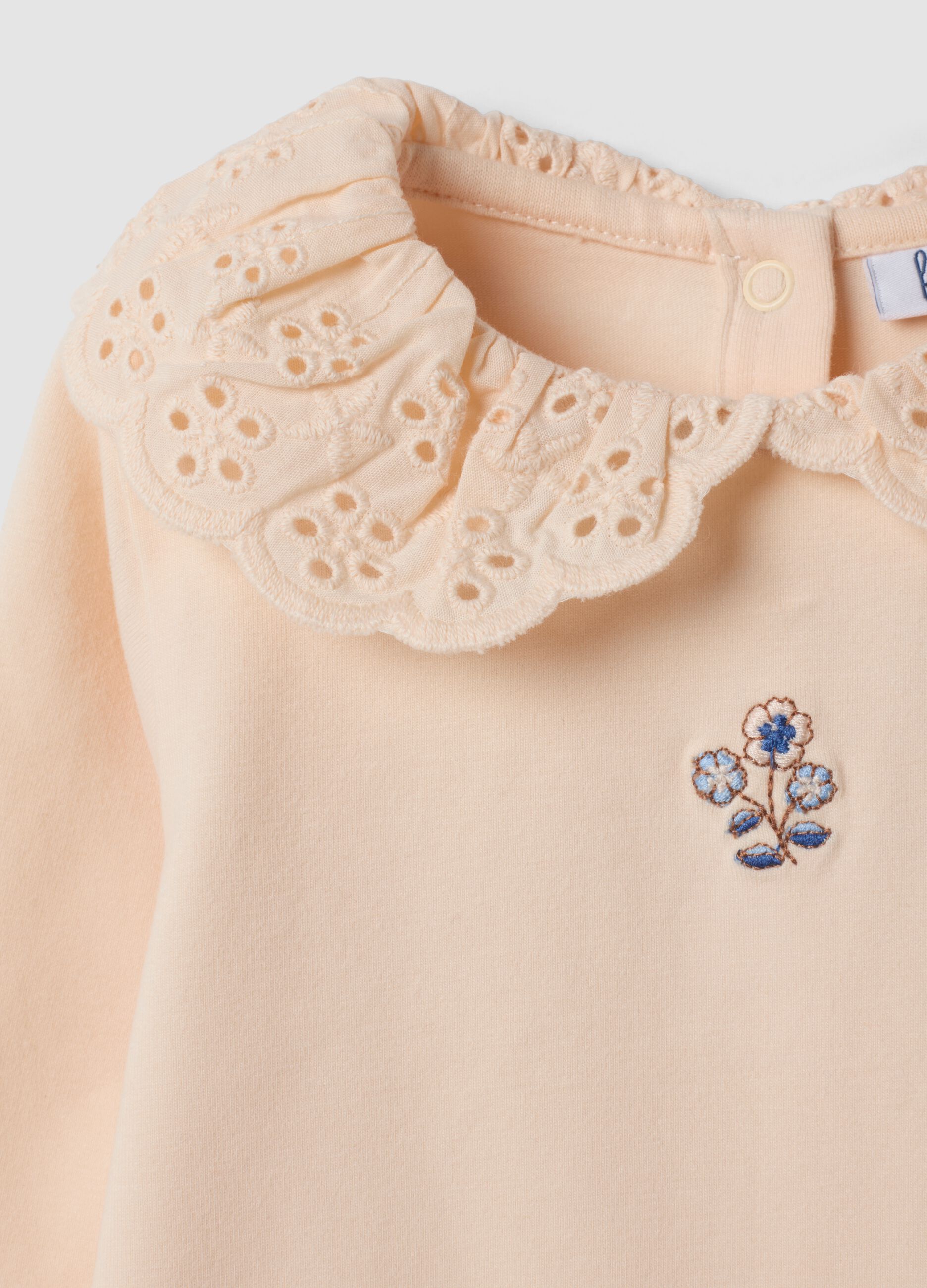 Orange organic stretch cotton top with broderie anglaise collar