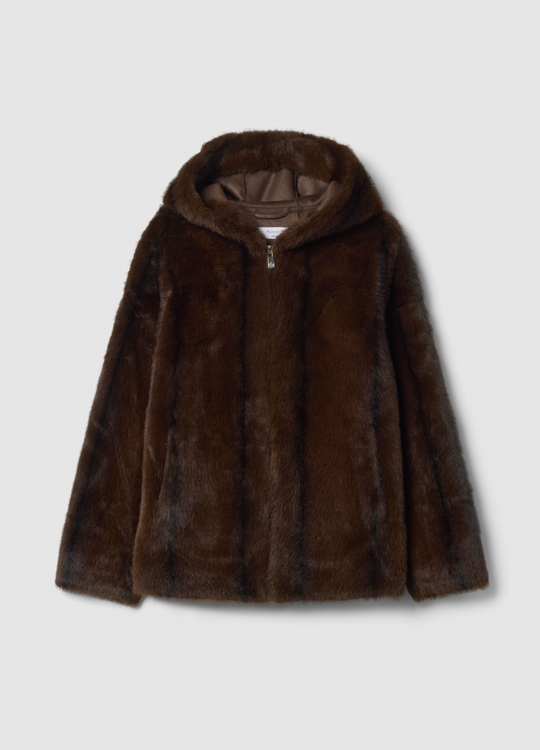 Brown regular-fit coat with hood in teddy-look fabric