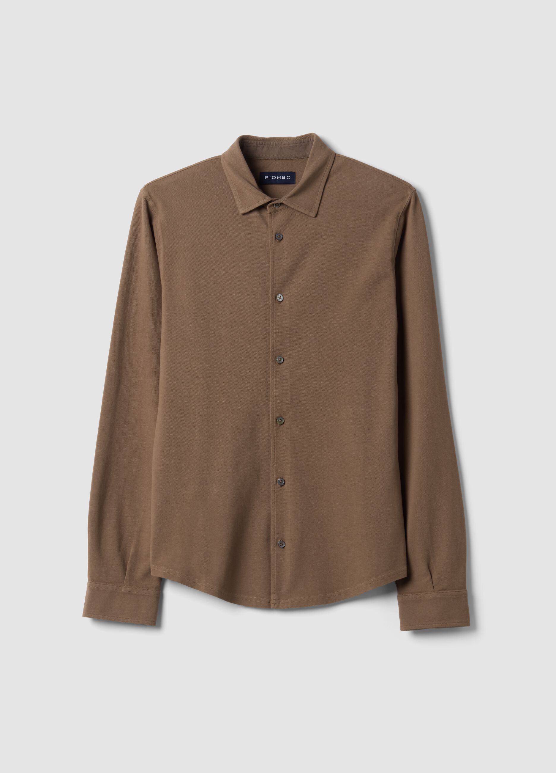 Brown pure cotton long-sleeve piqu&eacute; polo, regular fit
