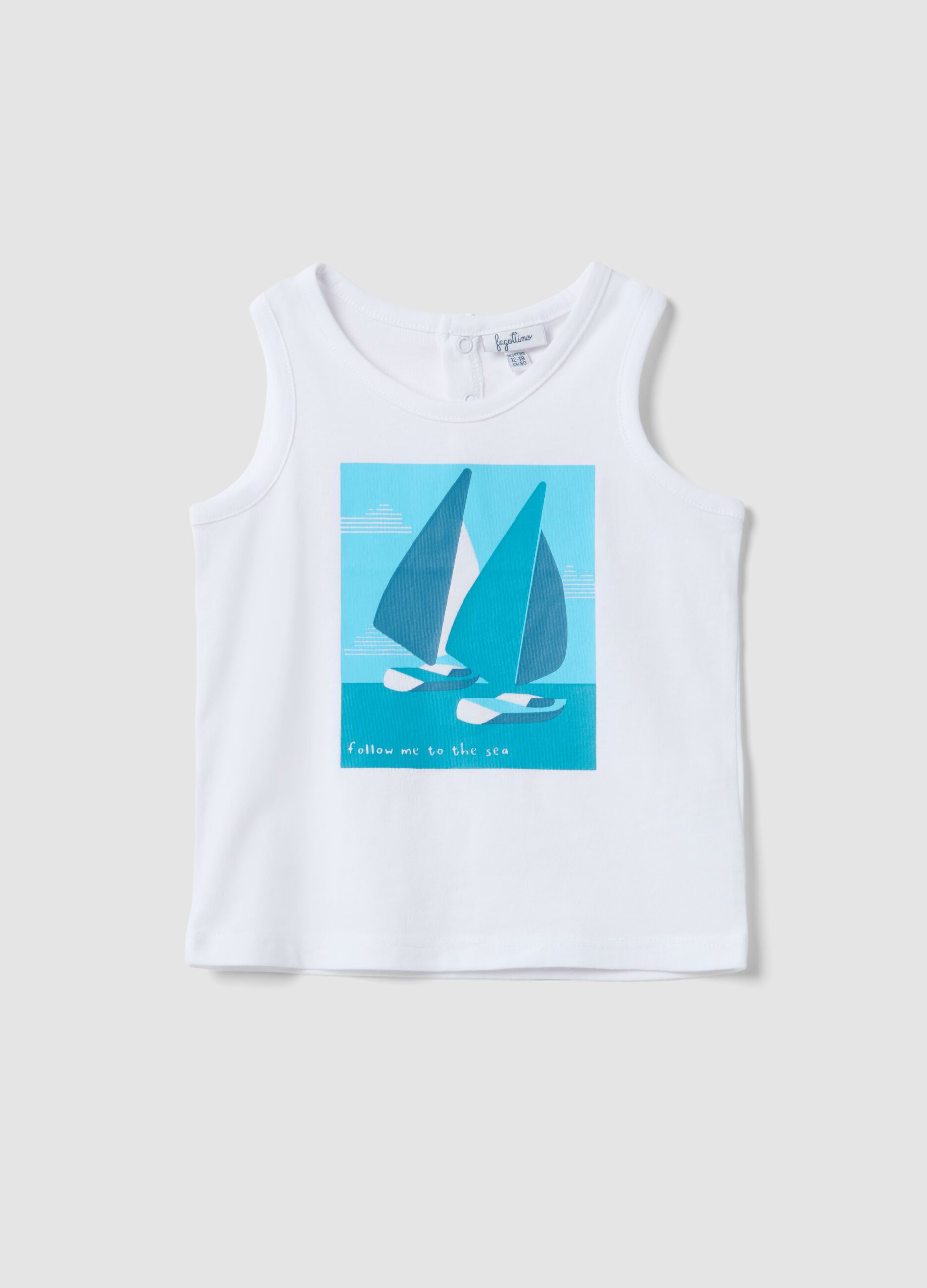 White pure cotton boys&rsquo; vest, regular fit, with sailing print