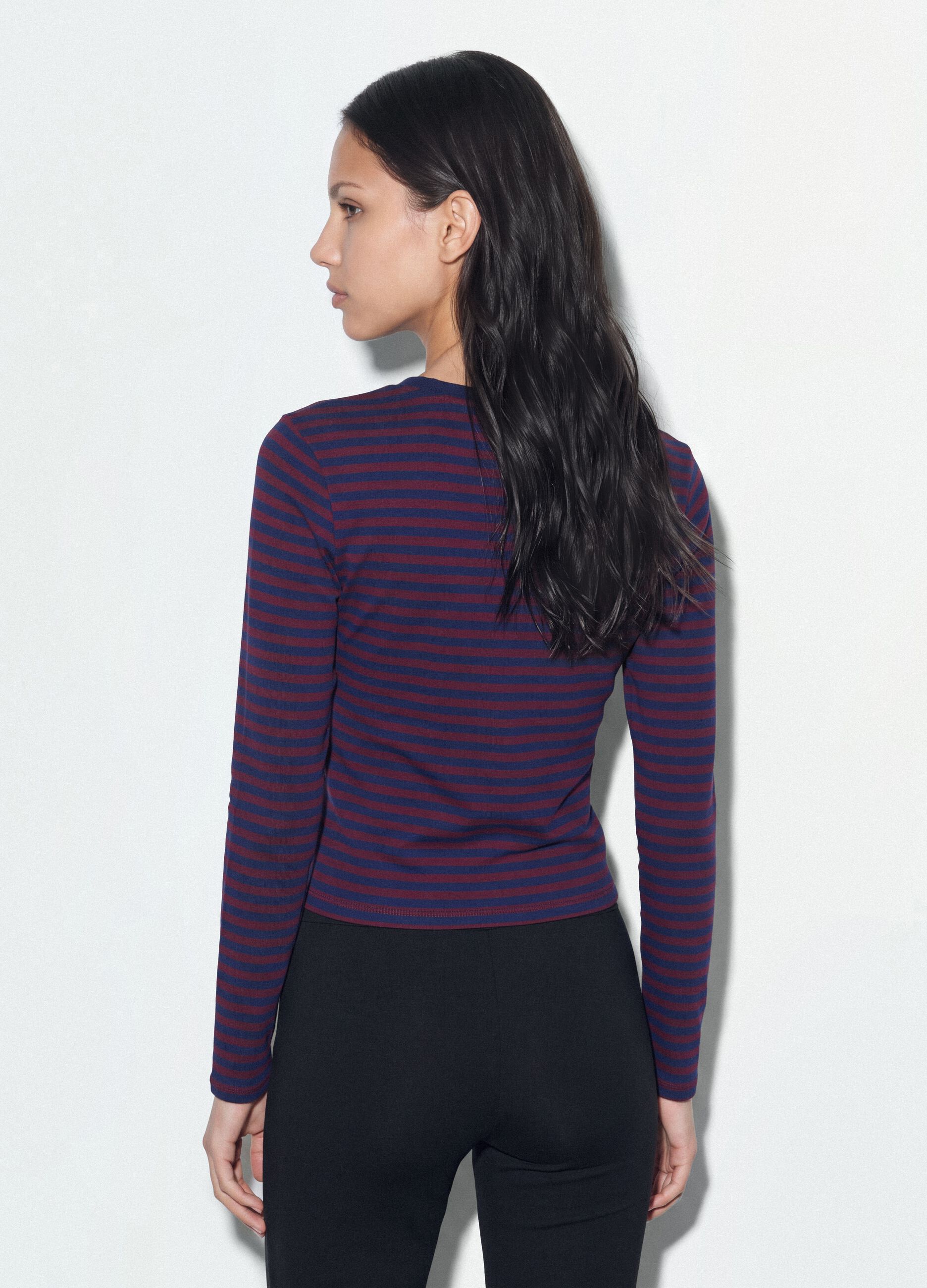 Purple striped pure cotton crew-neck T-shirt
