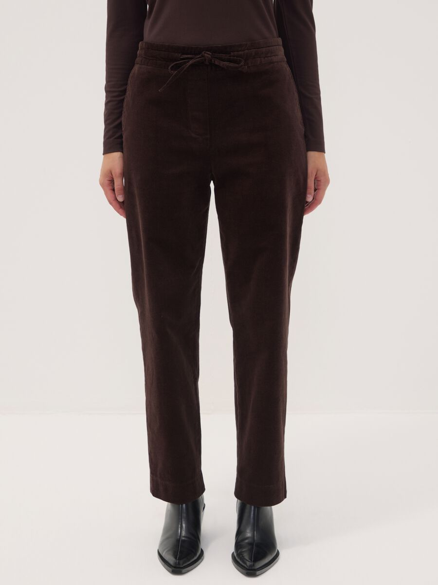 Brown ribbed stretch-cotton trousers with elasticated waistband_1