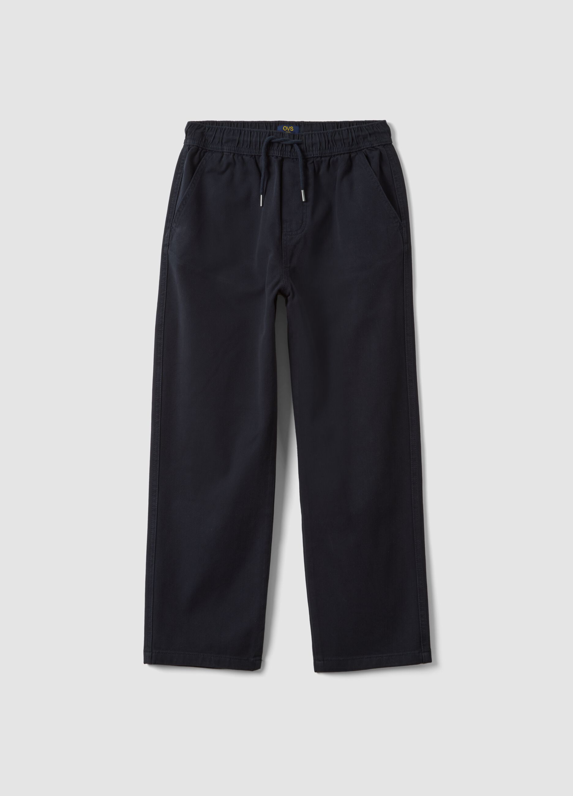 Blue stretch cotton trousers with elasticated waistband, comfort fit