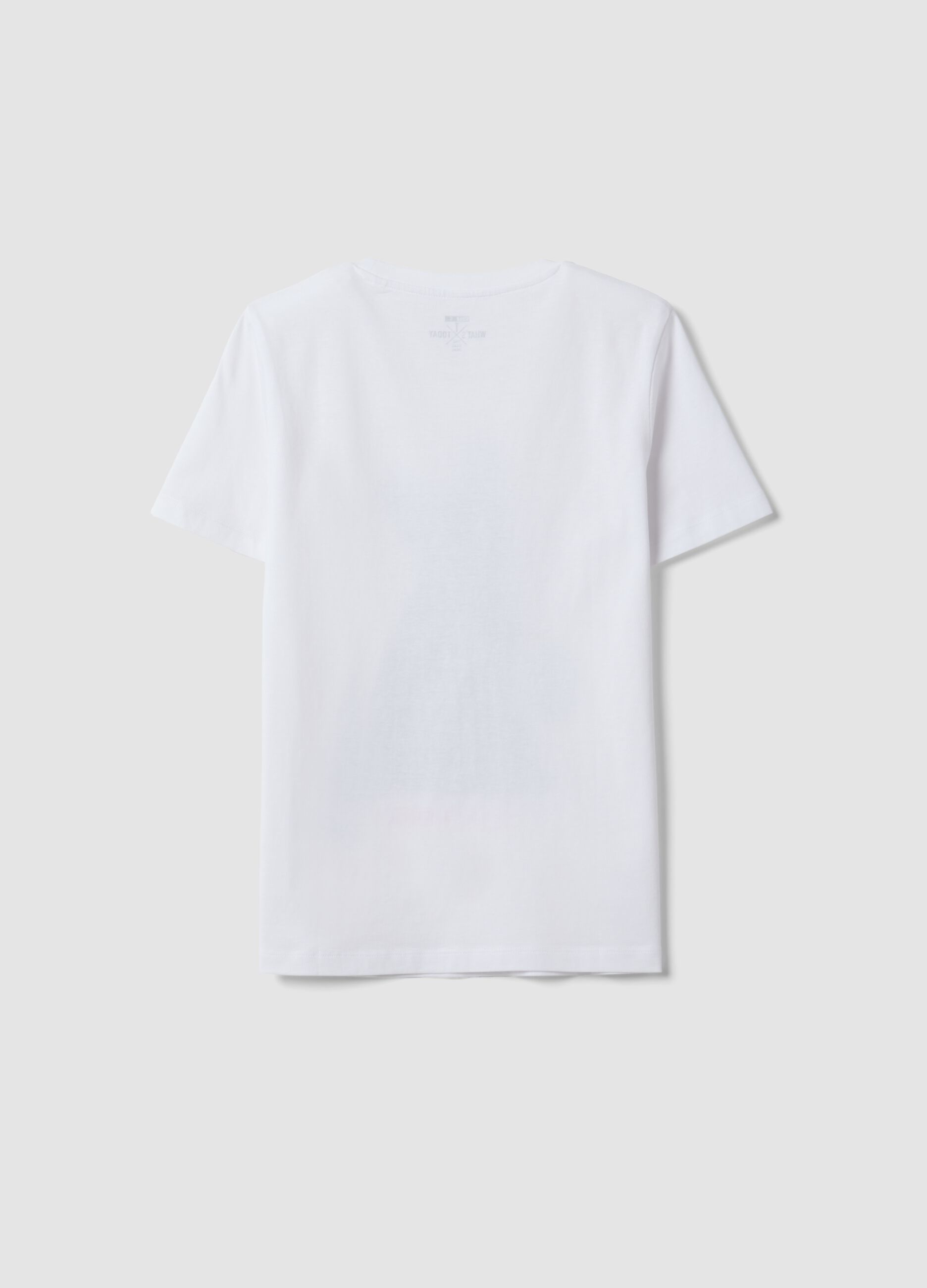 White pure cotton crew-neck T-shirt with puppy print, regular fit