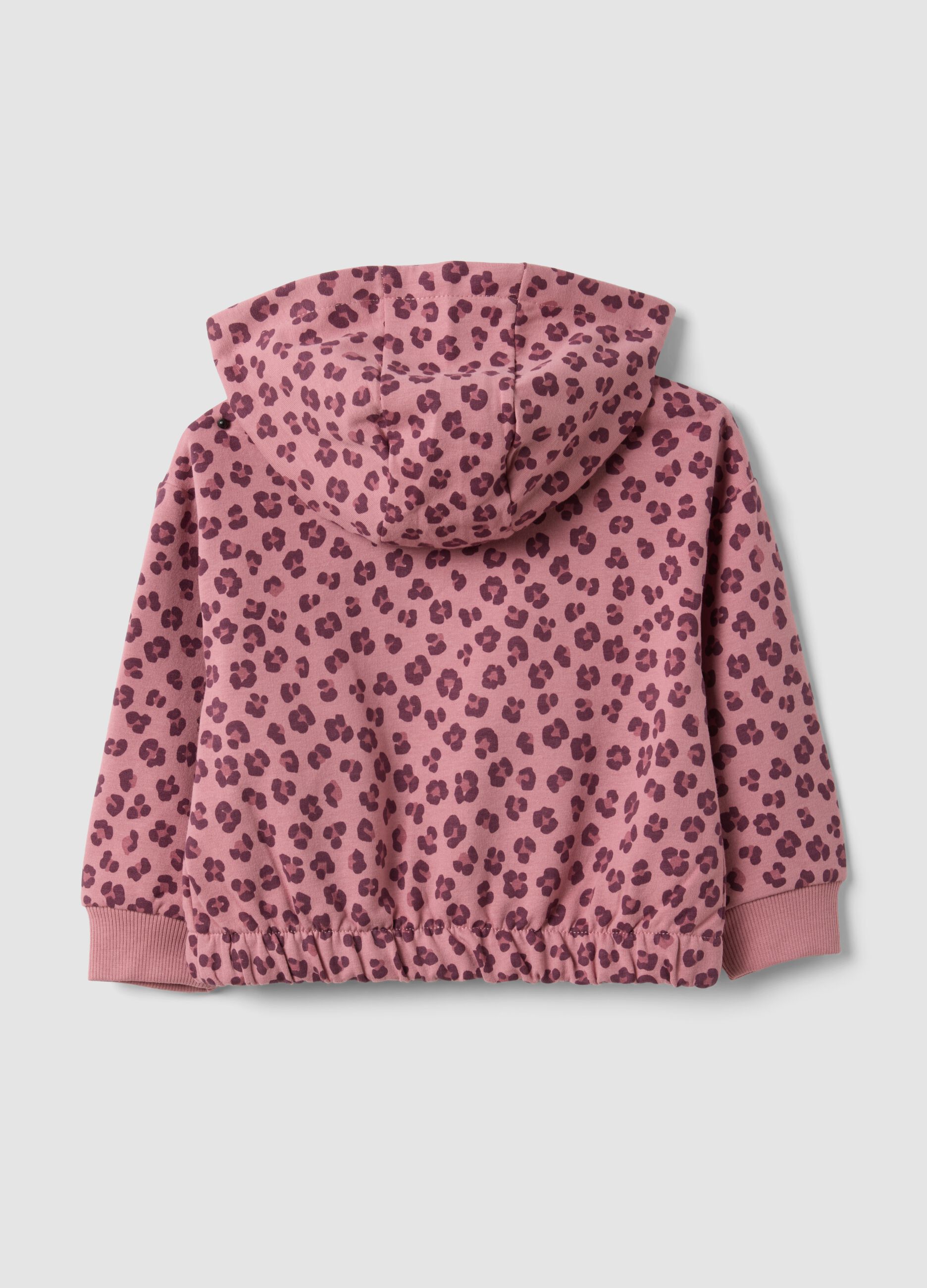 Pink hooded sweatshirt in stretch cotton with all-over animal print for baby girl