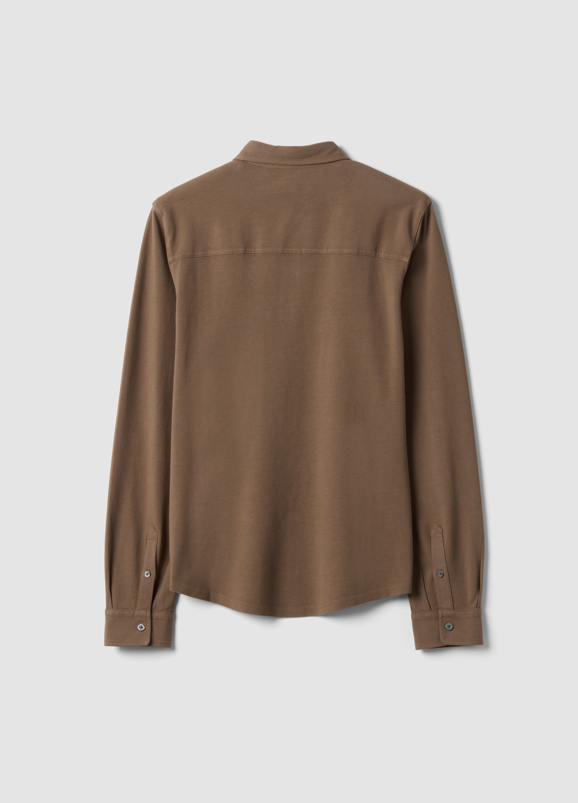 Brown pure cotton long-sleeve piqu&eacute; polo, regular fit