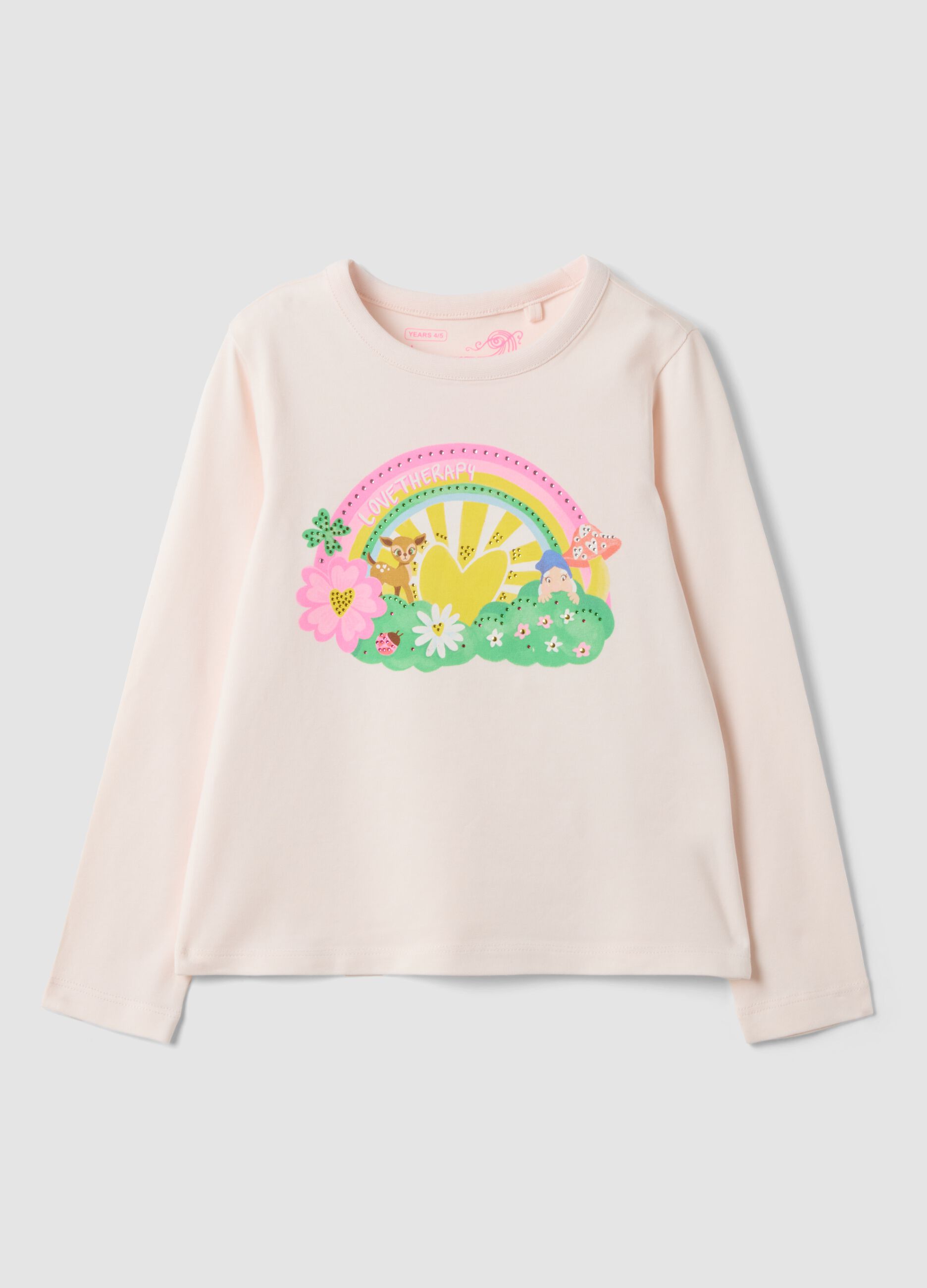 Pink stretch cotton T-shirt with rainbow print