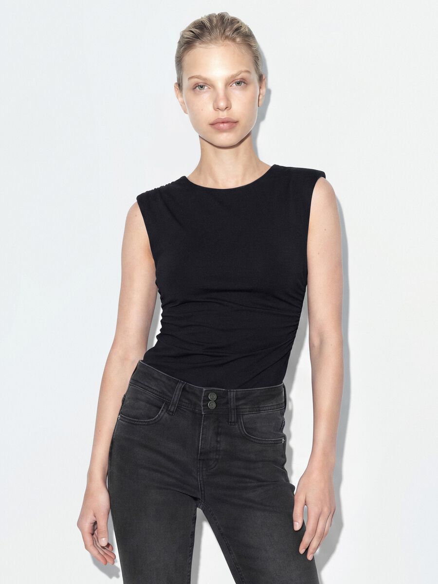 Black stretch jersey bodysuit with ruching, regular fit_0