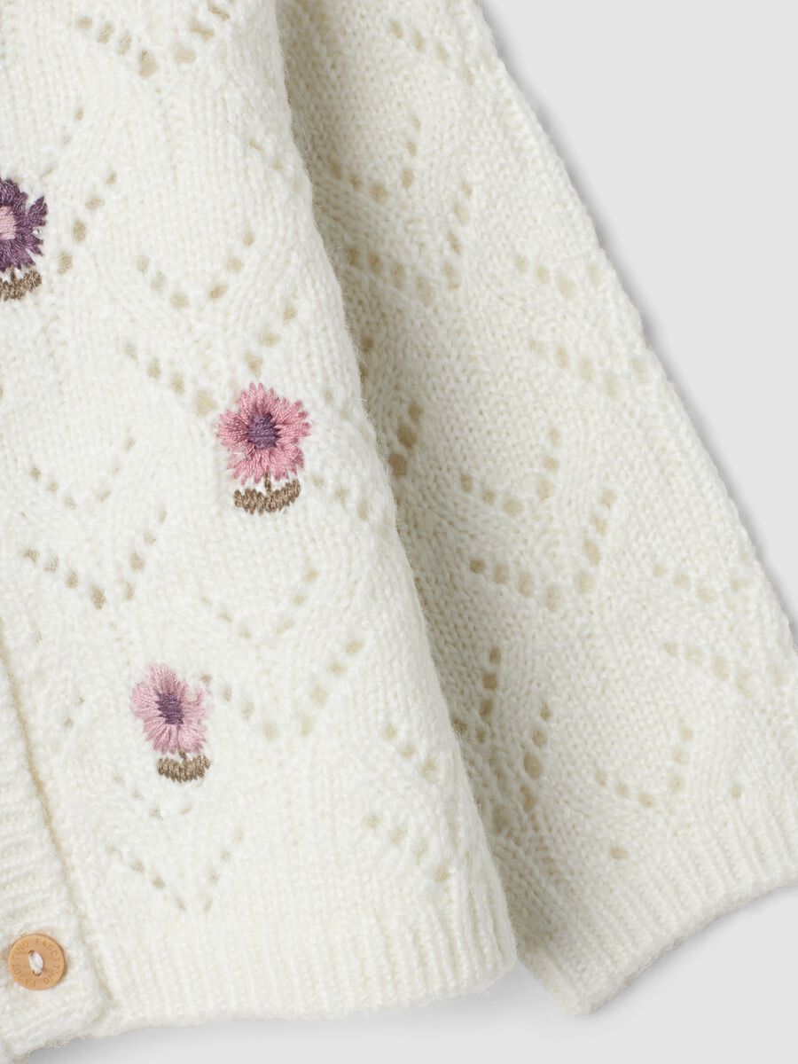 White openwork knit crew-neck cardigan_3