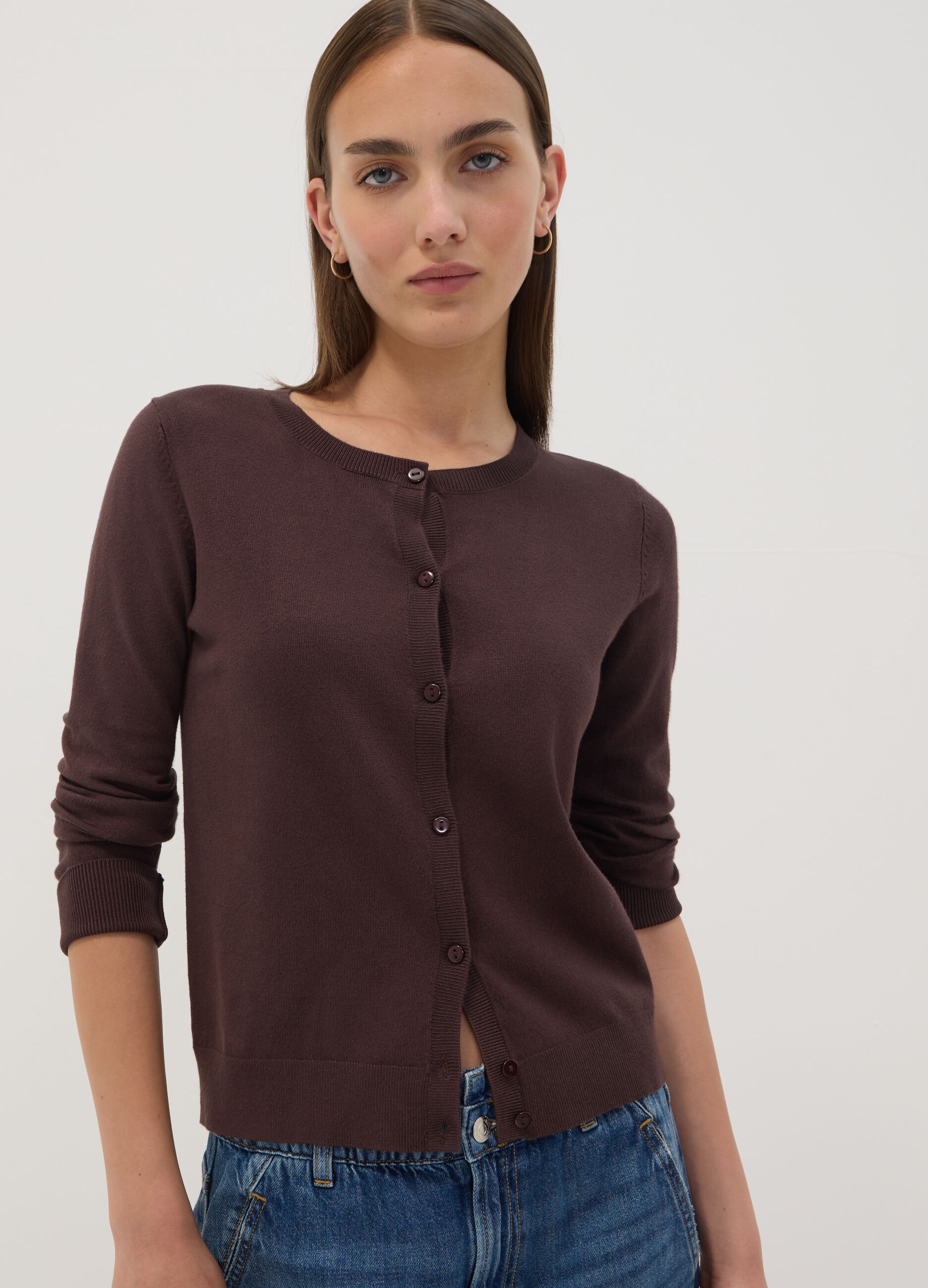 Brown viscose-blend crew-neck cardigan, regular fit