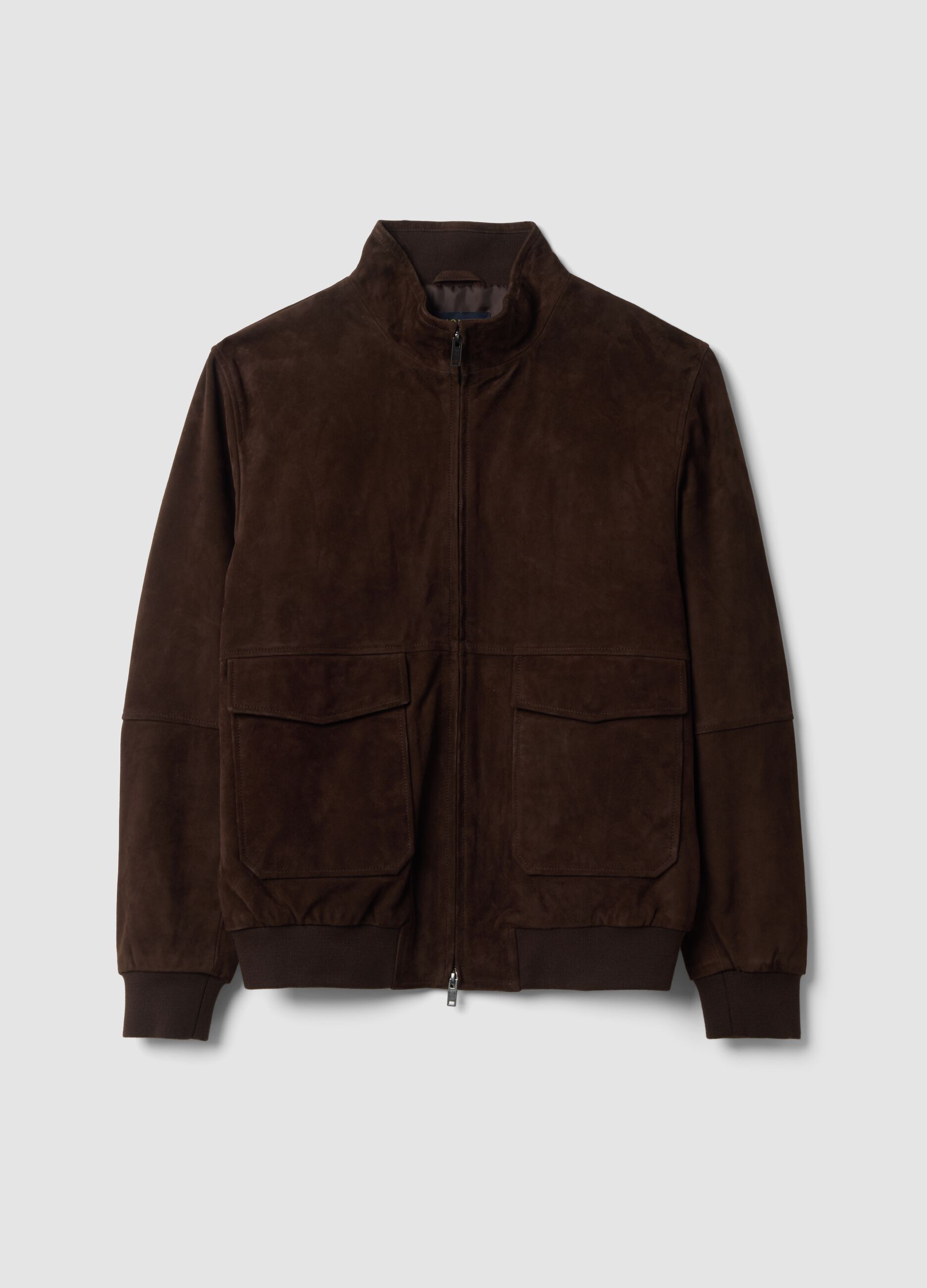Brown genuine leather bomber jacket with zip