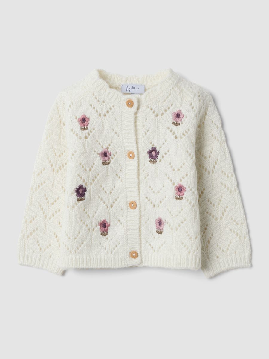 White openwork knit crew-neck cardigan_0