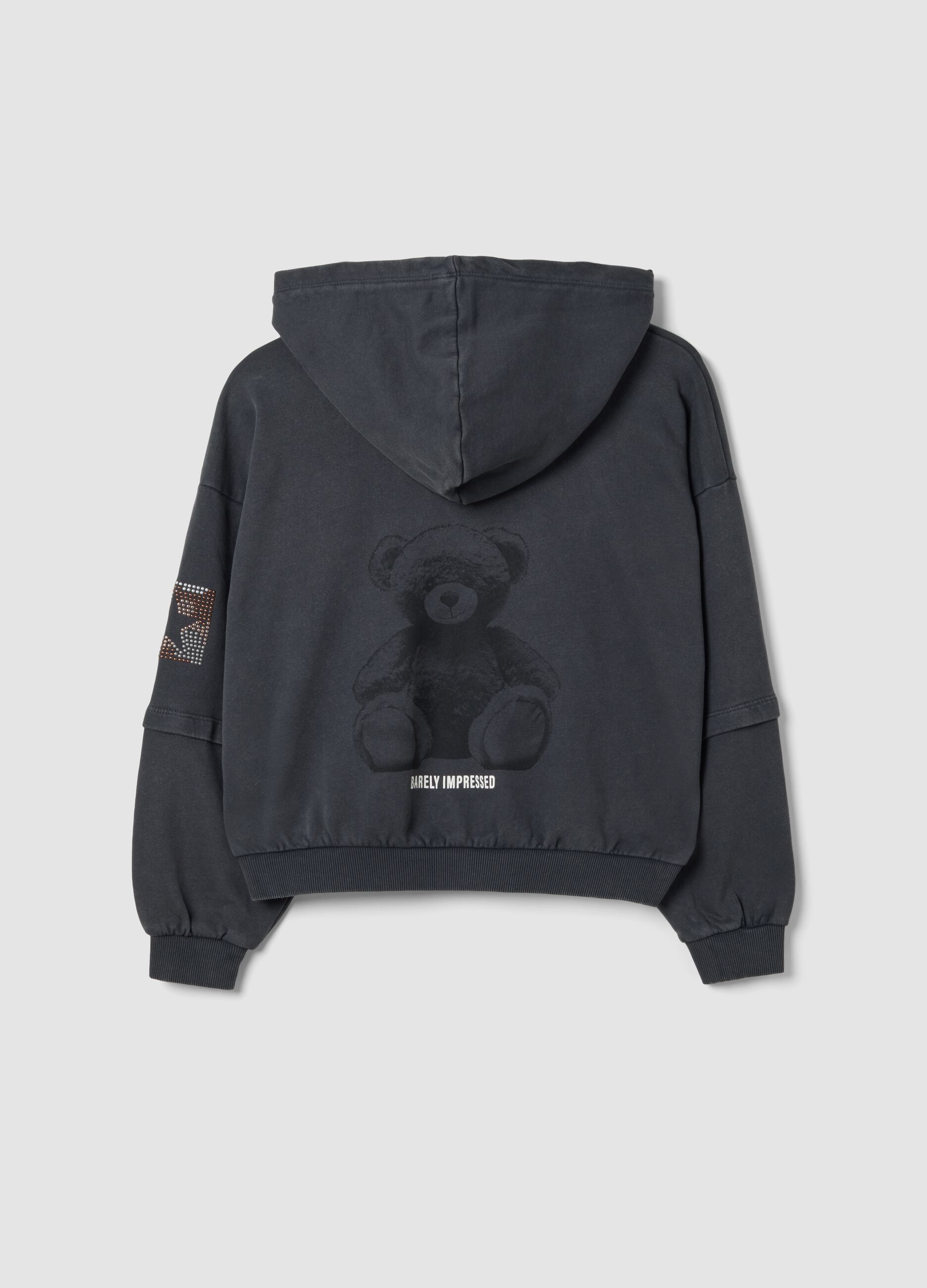 Dark grey pure cotton hoodie with oversized fit and teddy bear print