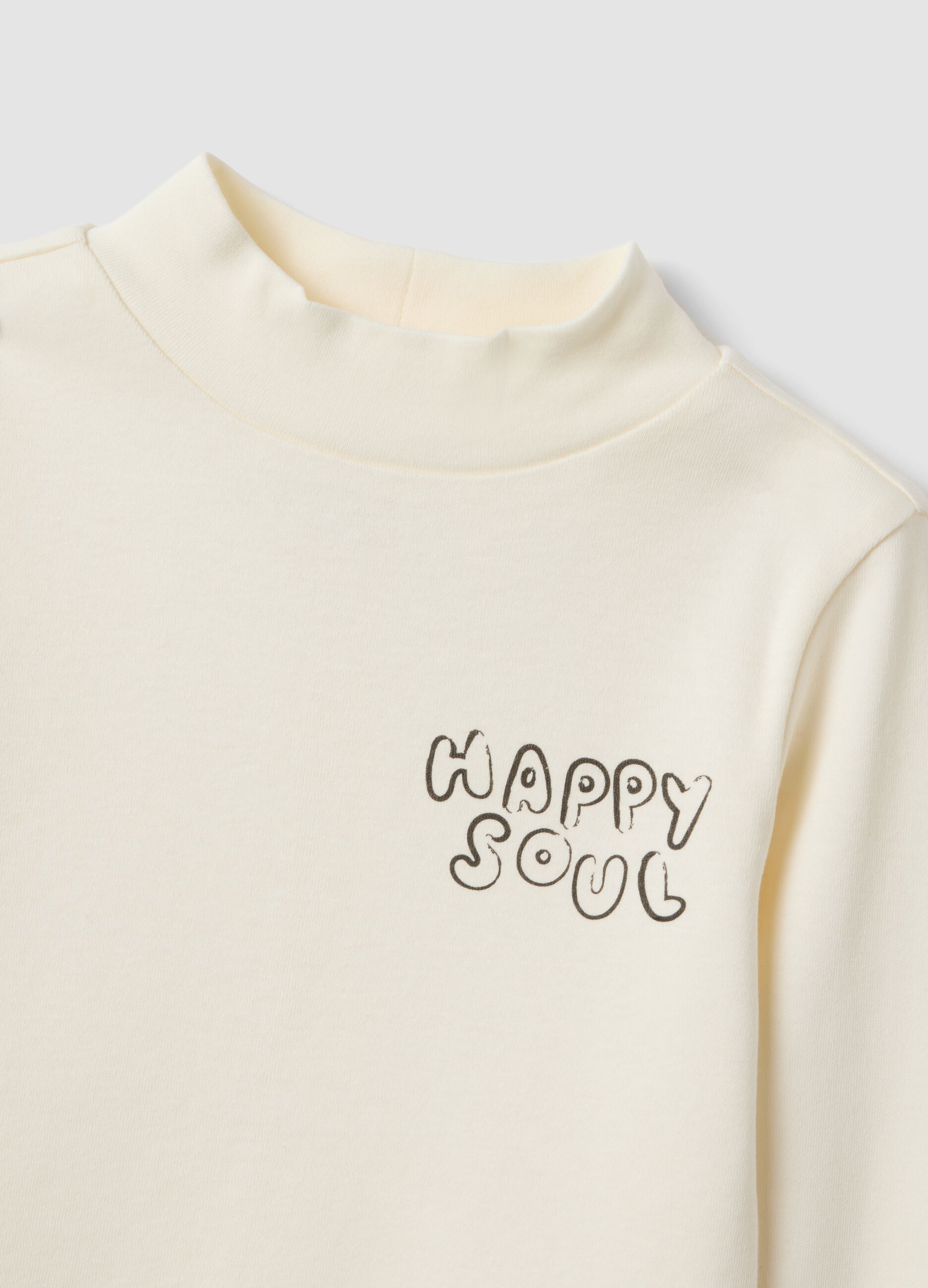 T-shirt bianca in puro cotone organico con collo rialzato e stampa animaletti