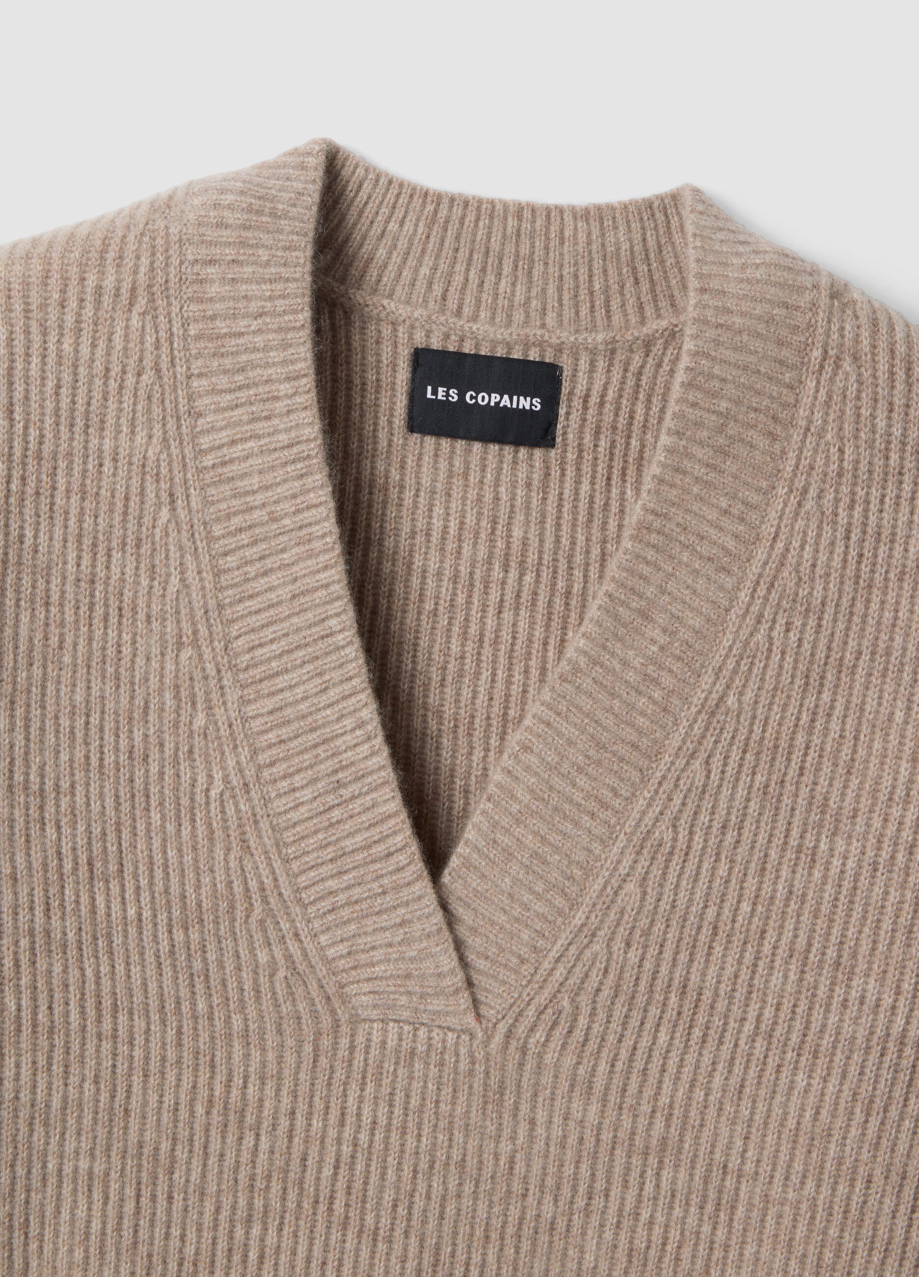 Beige marl pure cashmere deep V-neck oversized jumper